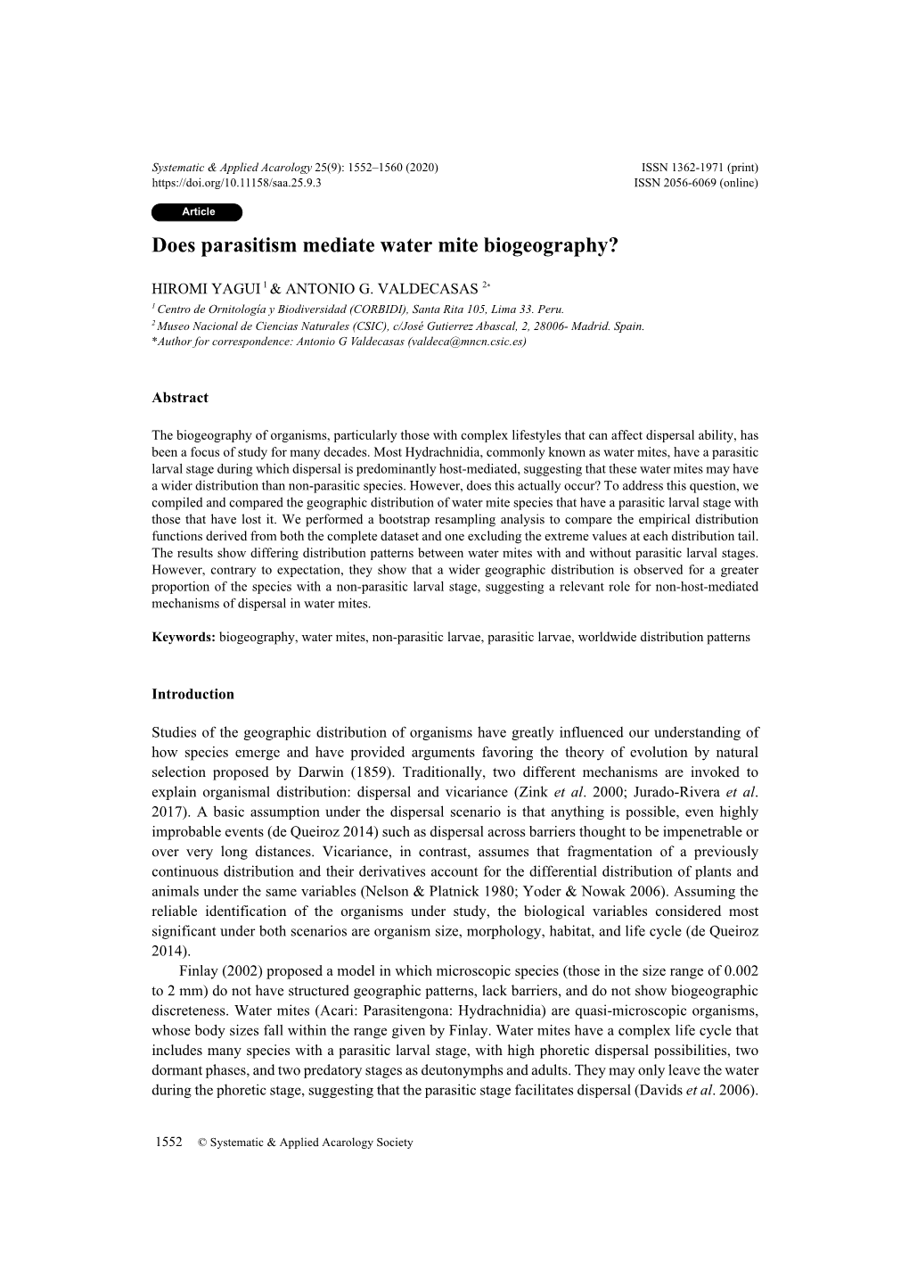 Does Parasitism Mediate Water Mite Biogeography?