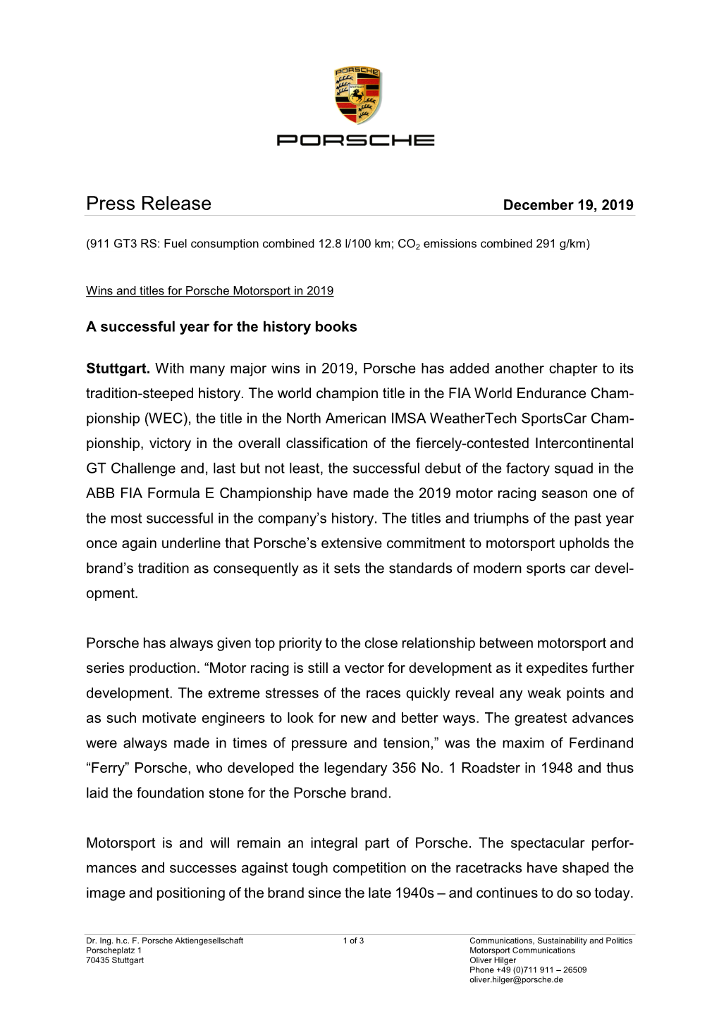 Press Release December 19, 2019