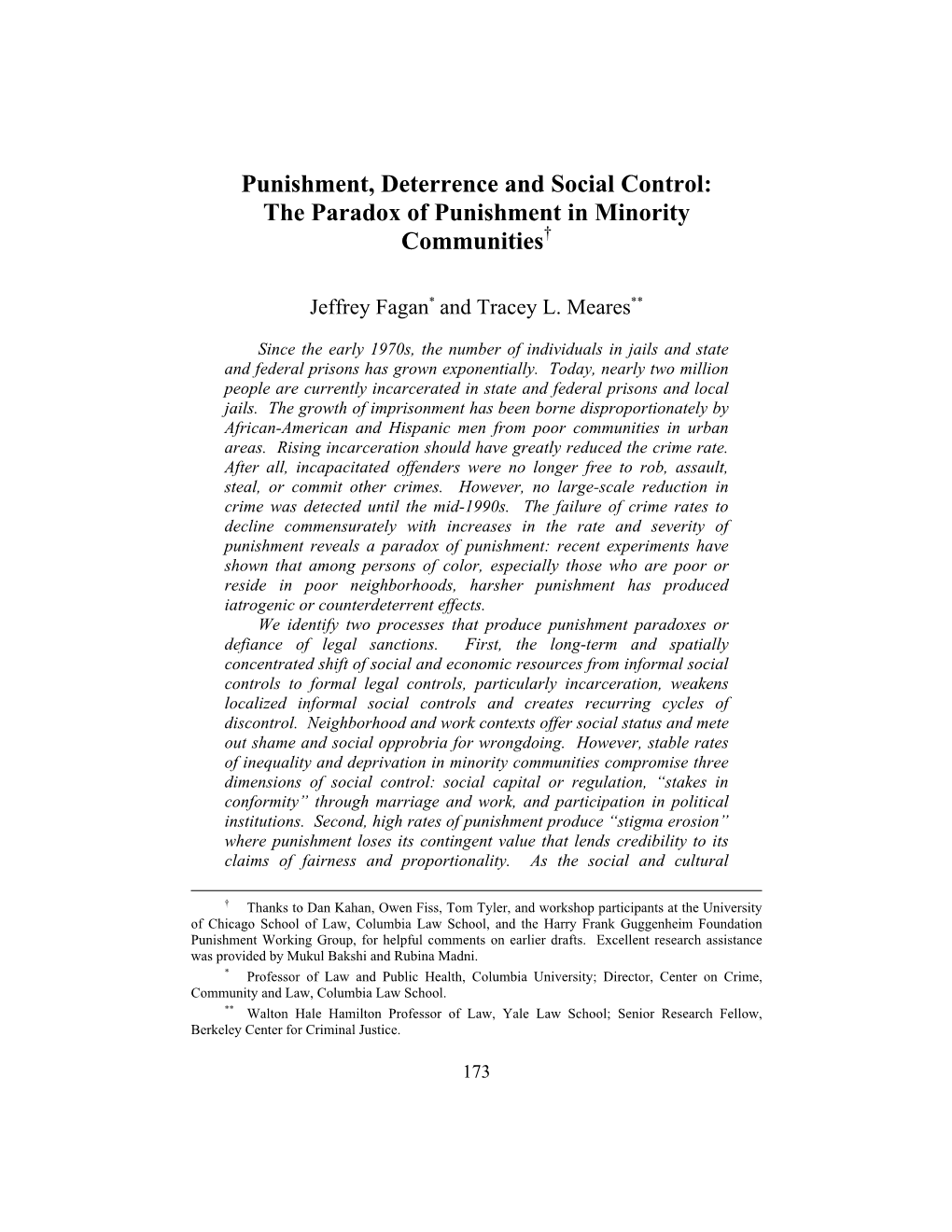 Punishment, Deterrence and Social Control: the Paradox of Punishment in Minority Communities†