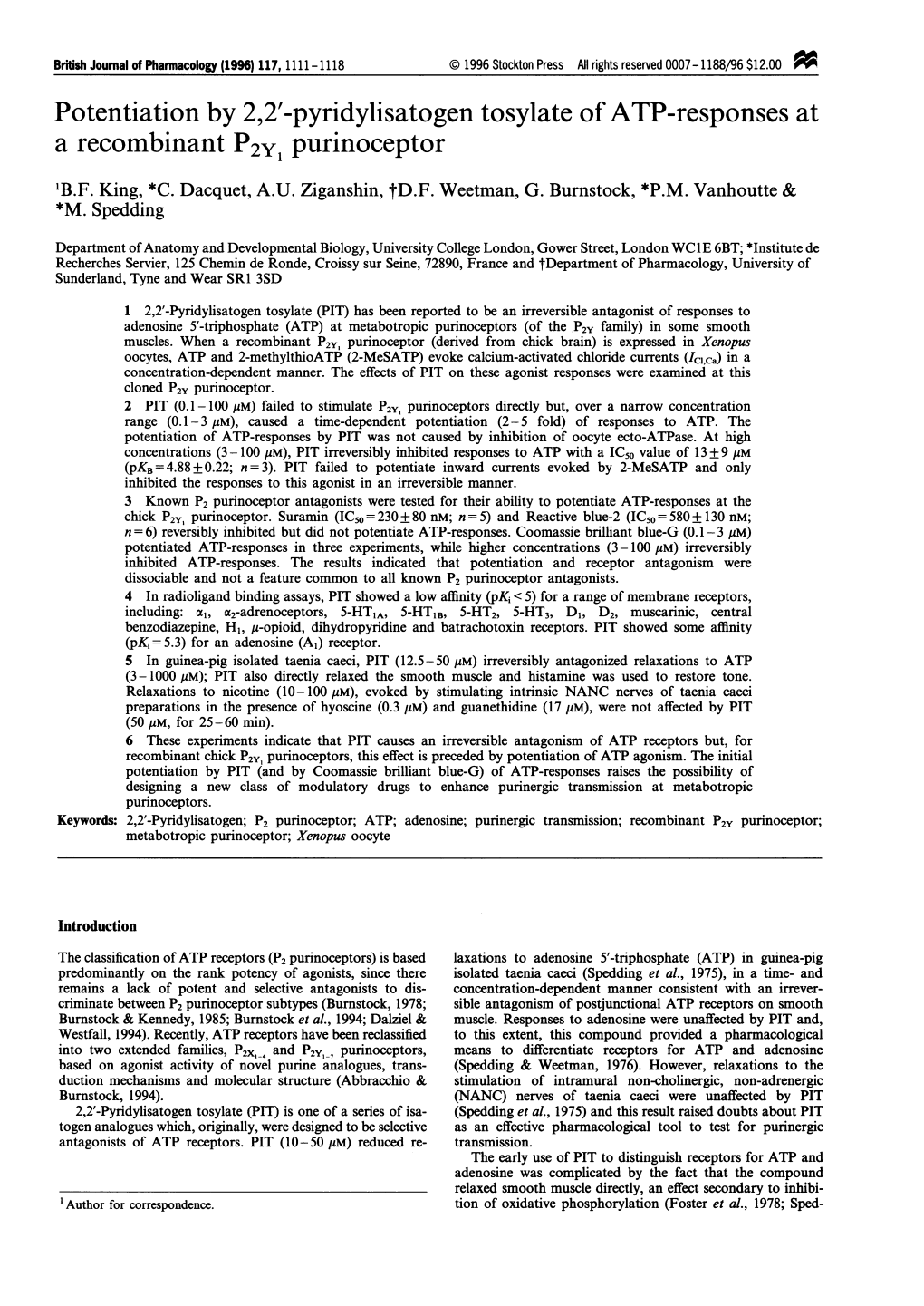 Pyridylisatogen Tosylate of ATP-Responses at a Recombinant P2y1 Purinoceptor 1B.F