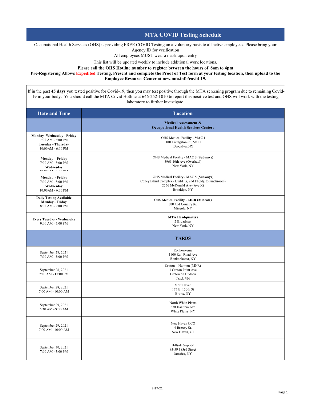 MTA COVID Testing Schedule