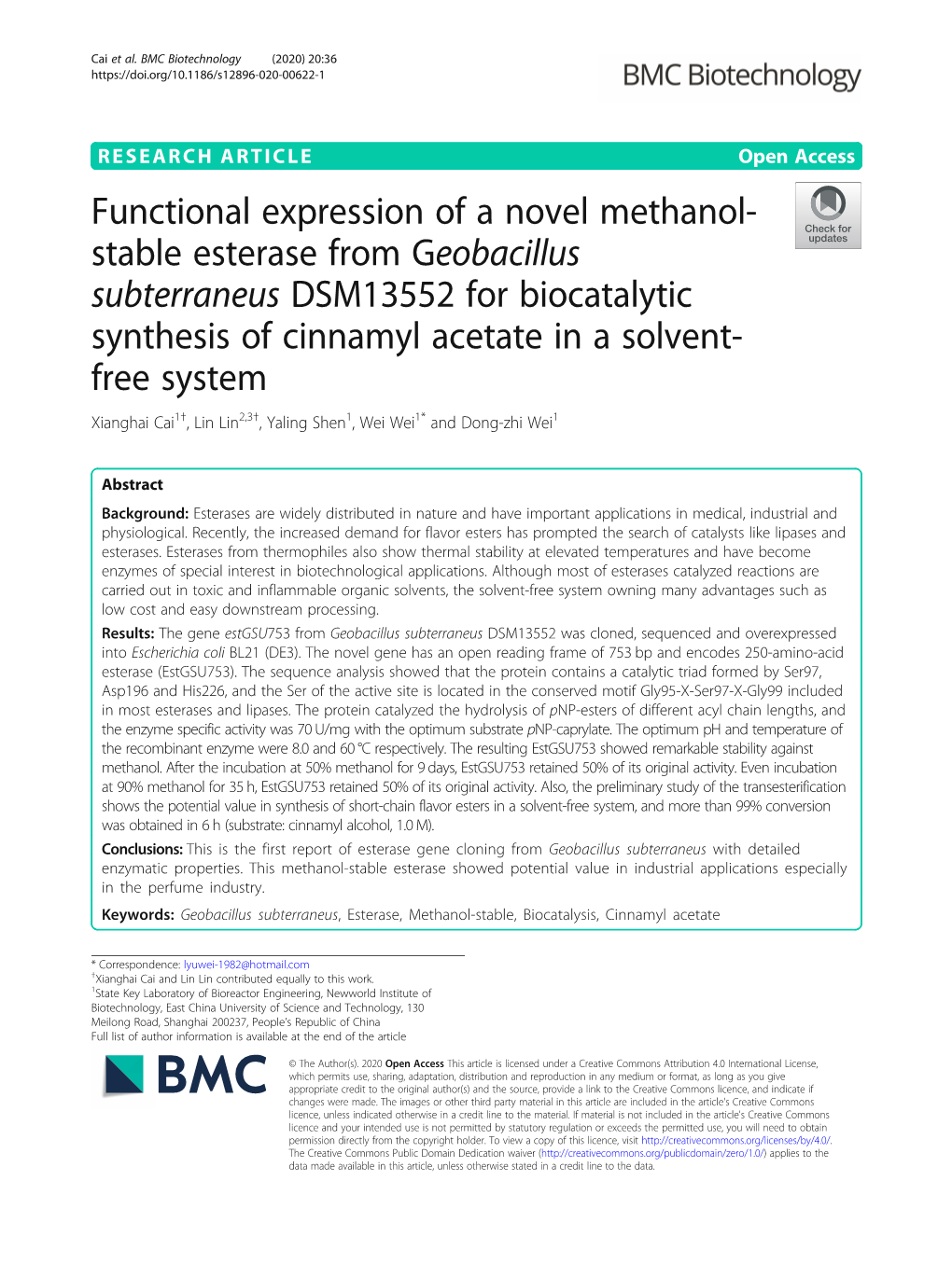 Functional Expression of a Novel Methanol-Stable Esterase From