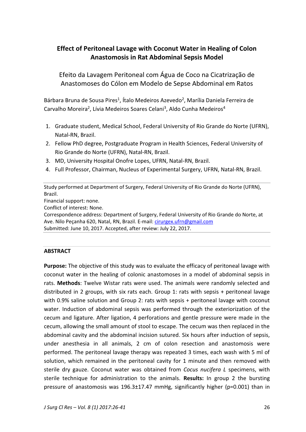 Effect of Peritoneal Lavage with Coconut Water in Healing of Colon Anastomosis in Rat Abdominal Sepsis Model