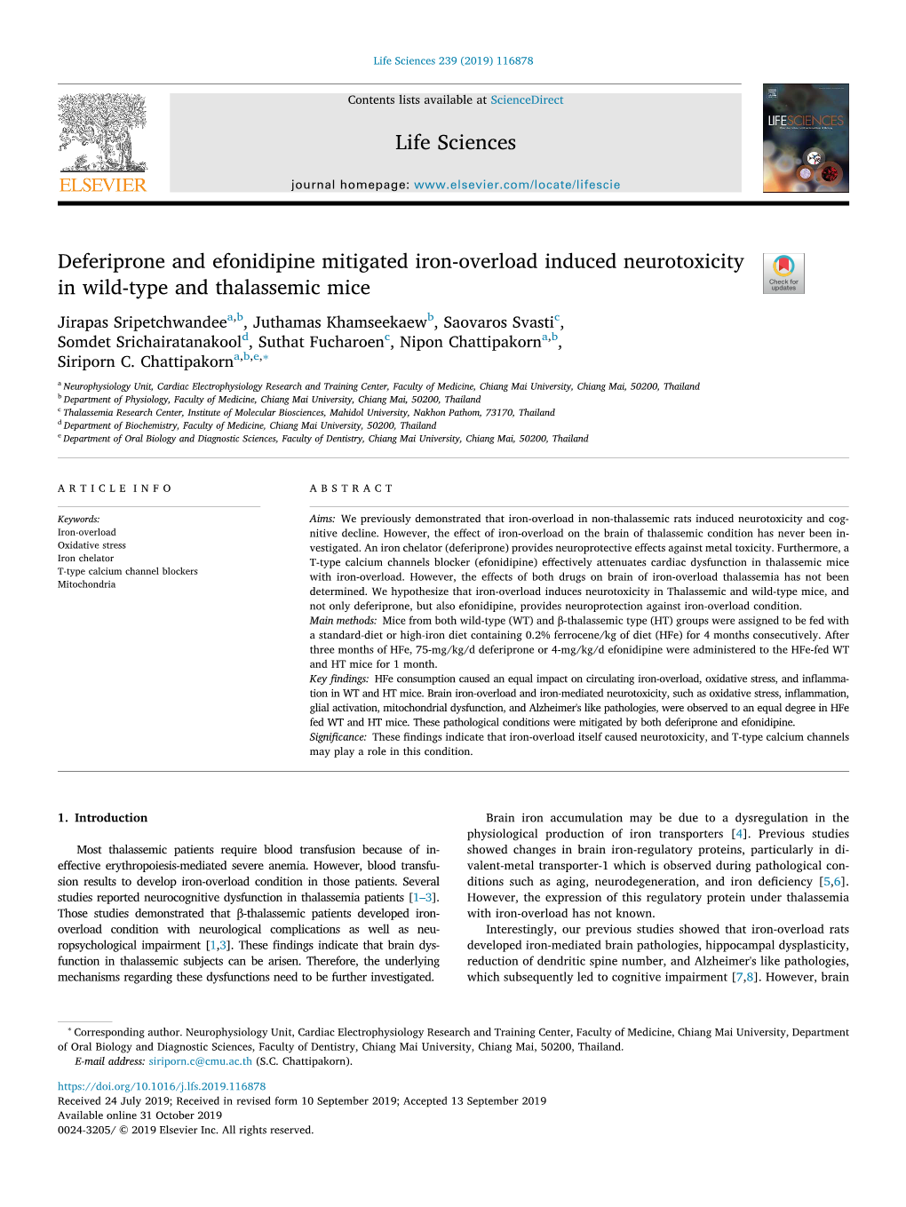 Deferiprone and Efonidipine Mitigated Iron-Overload Induced Neurotoxicity