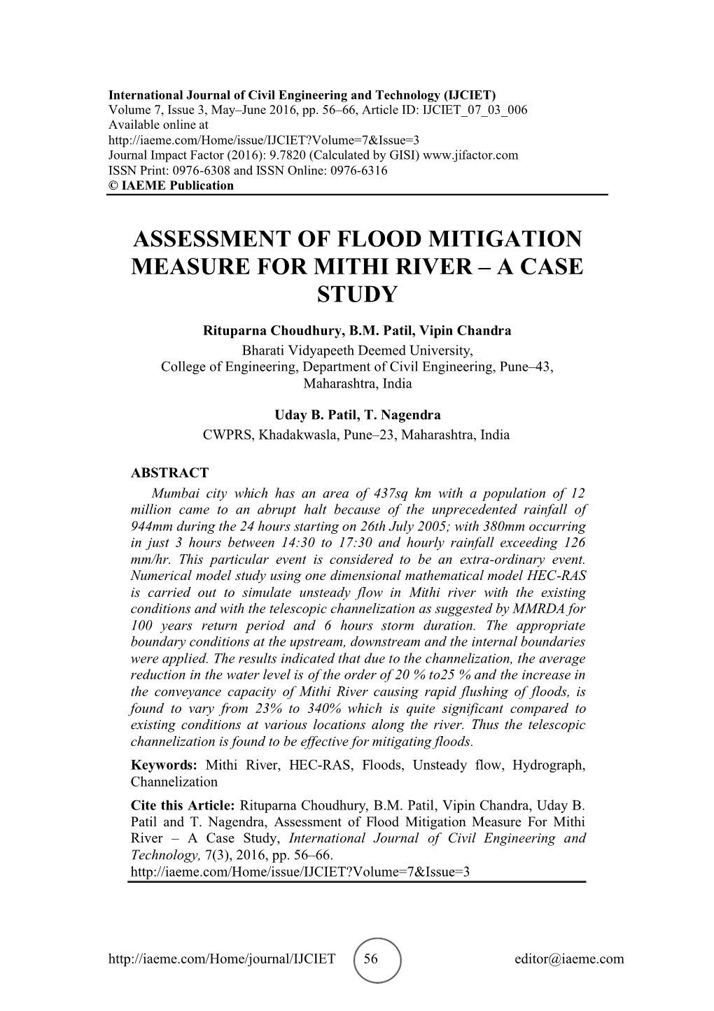 Assessment of Flood Mitigation Measure for Mithi River – a Case Study