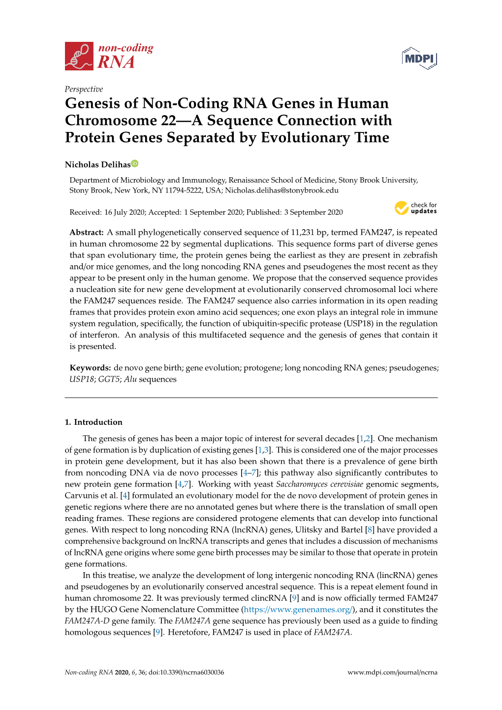 Genesis of Non-Coding RNA Genes in Human Chromosome 22—A Sequence Connection with Protein Genes Separated by Evolutionary Time