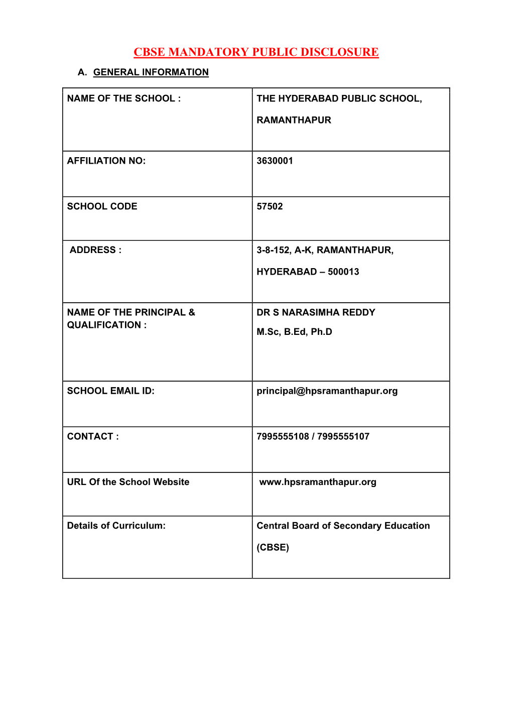 Cbse Mandatory Public Disclosure A