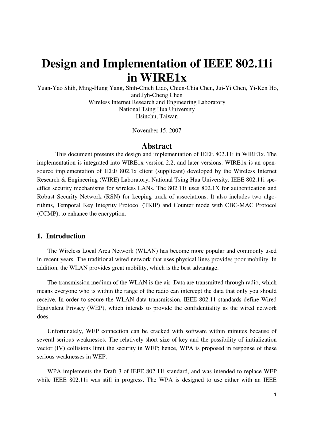 Design and Implementation of IEEE 802.11I in Wire1x