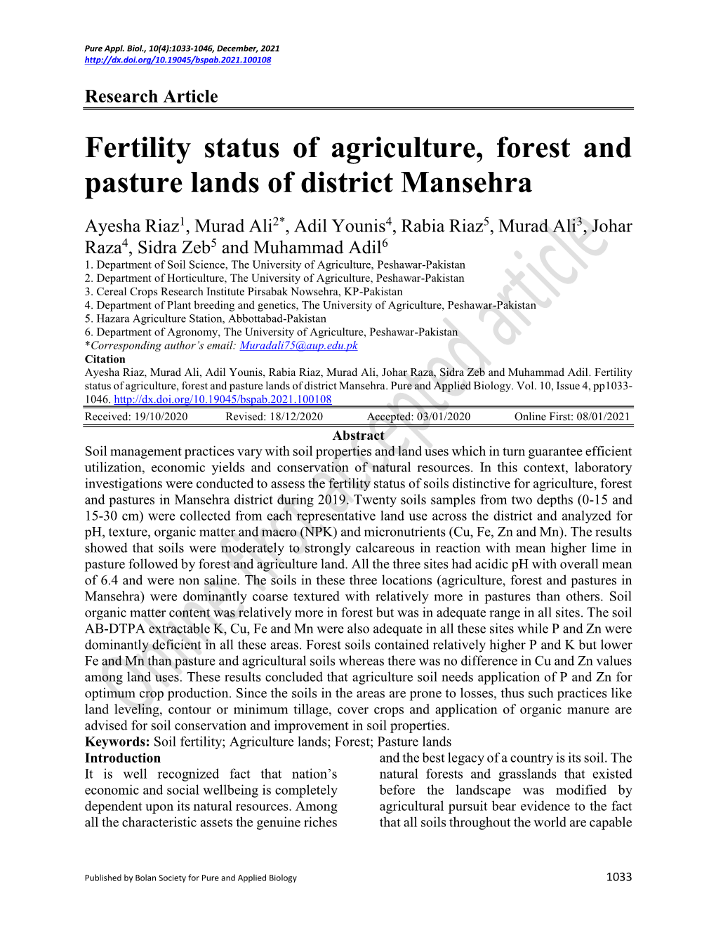 Fertility Status of Agriculture, Forest and Pasture Lands of District Mansehra