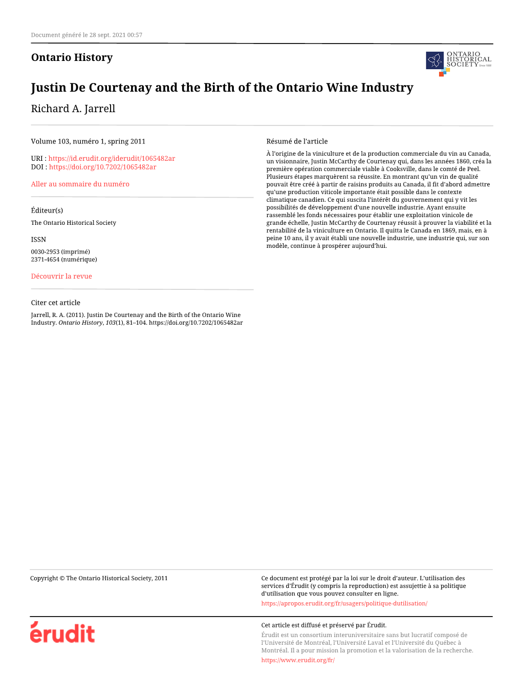 Justin De Courtenay and the Birth of the Ontario Wine Industry Richard A