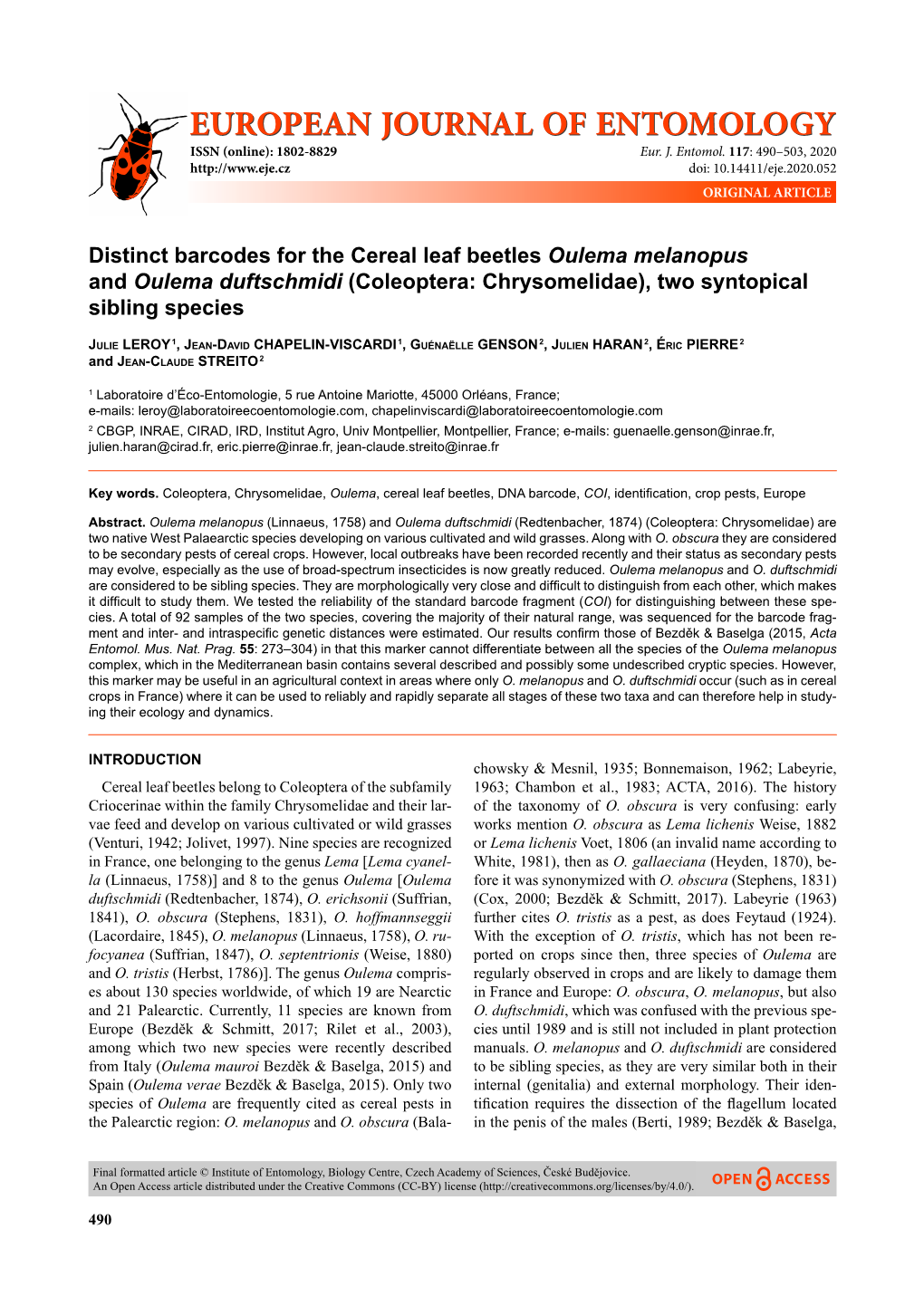 Distinct Barcodes for the Cereal Leaf Beetles Oulema Melanopus and Oulema Duftschmidi (Coleoptera: Chrysomelidae), Two Syntopical Sibling Species