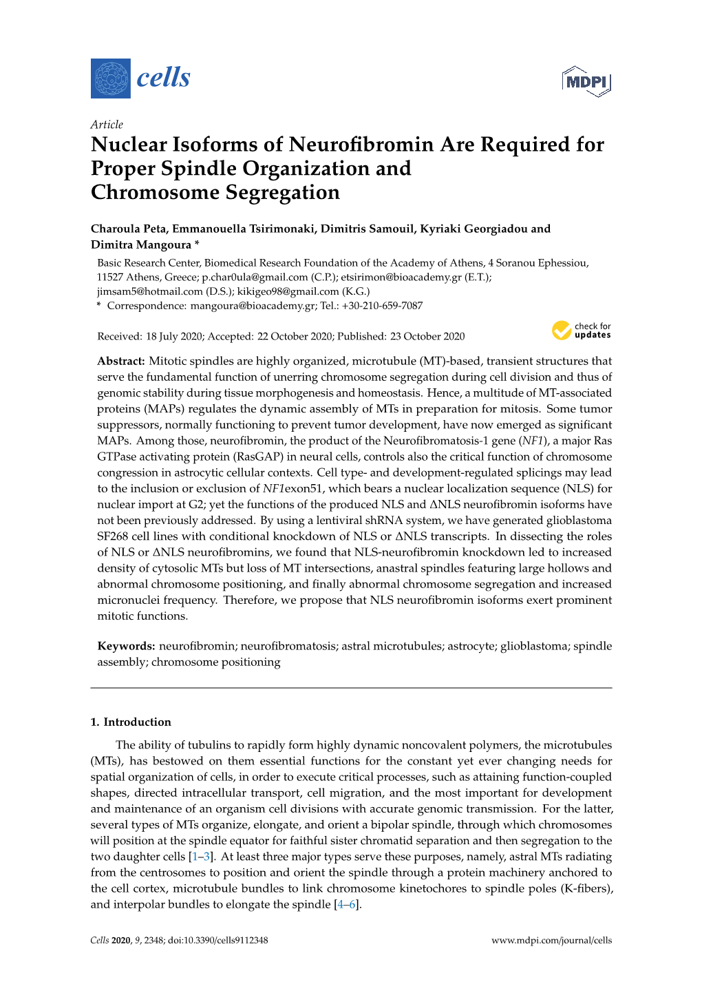 Nuclear Isoforms of Neurofibromin Are Required for Proper Spindle Organization and Chromosome Segregation