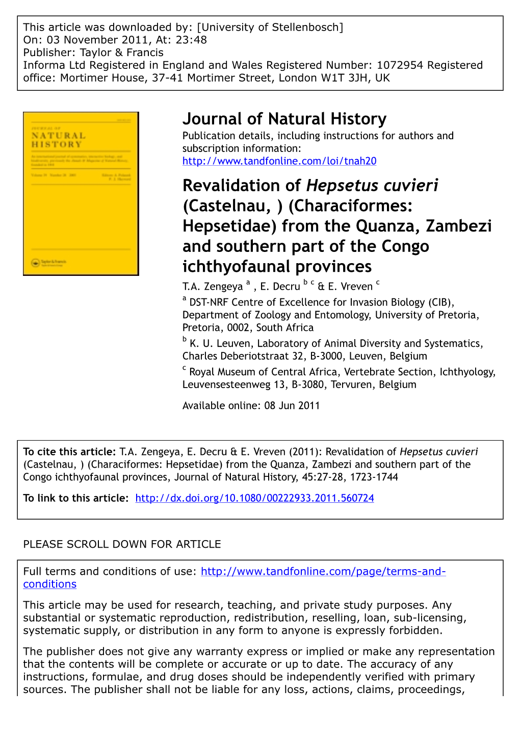 Revalidation of Hepsetus Cuvieri (Castelnau, 1861) (Characiformes: Hepsetidae) from the Quanza, Zambezi and Southern Part of the Congo Ichthyofaunal Provinces T.A