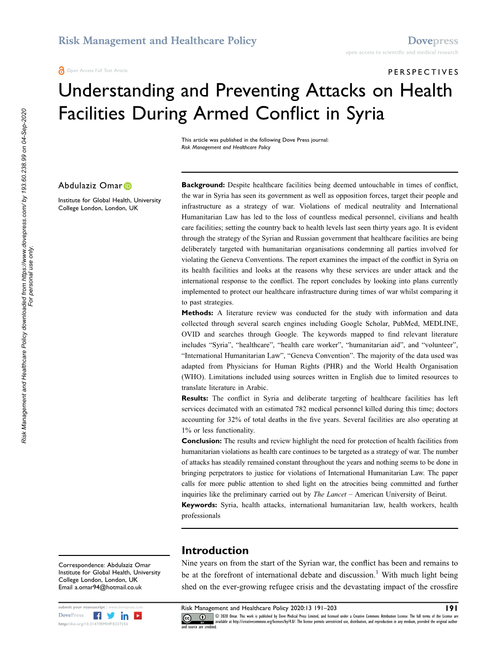 Understanding and Preventing Attacks on Health Facilities During Armed Conflict in Syria