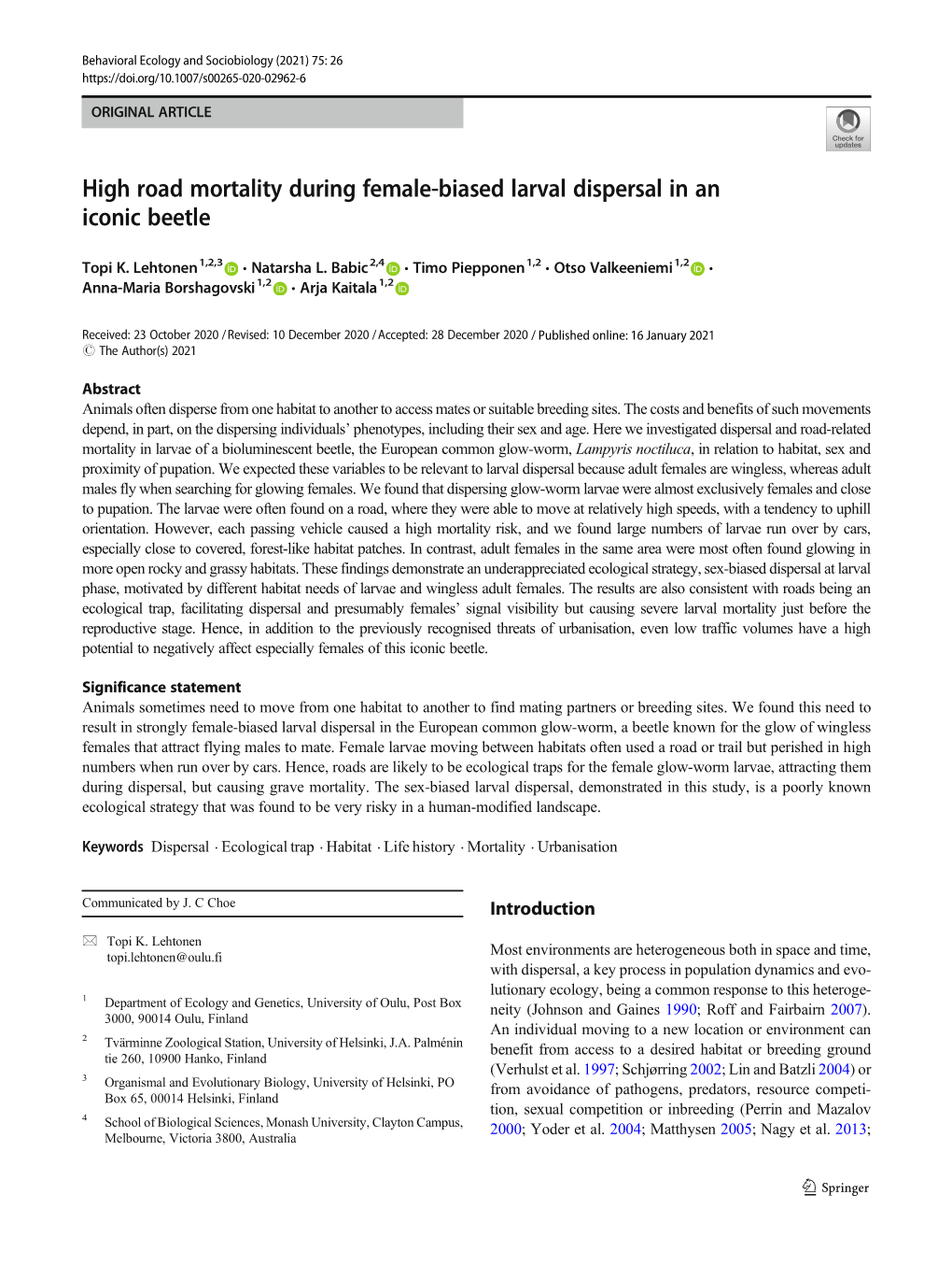 High Road Mortality During Female-Biased Larval Dispersal in an Iconic Beetle