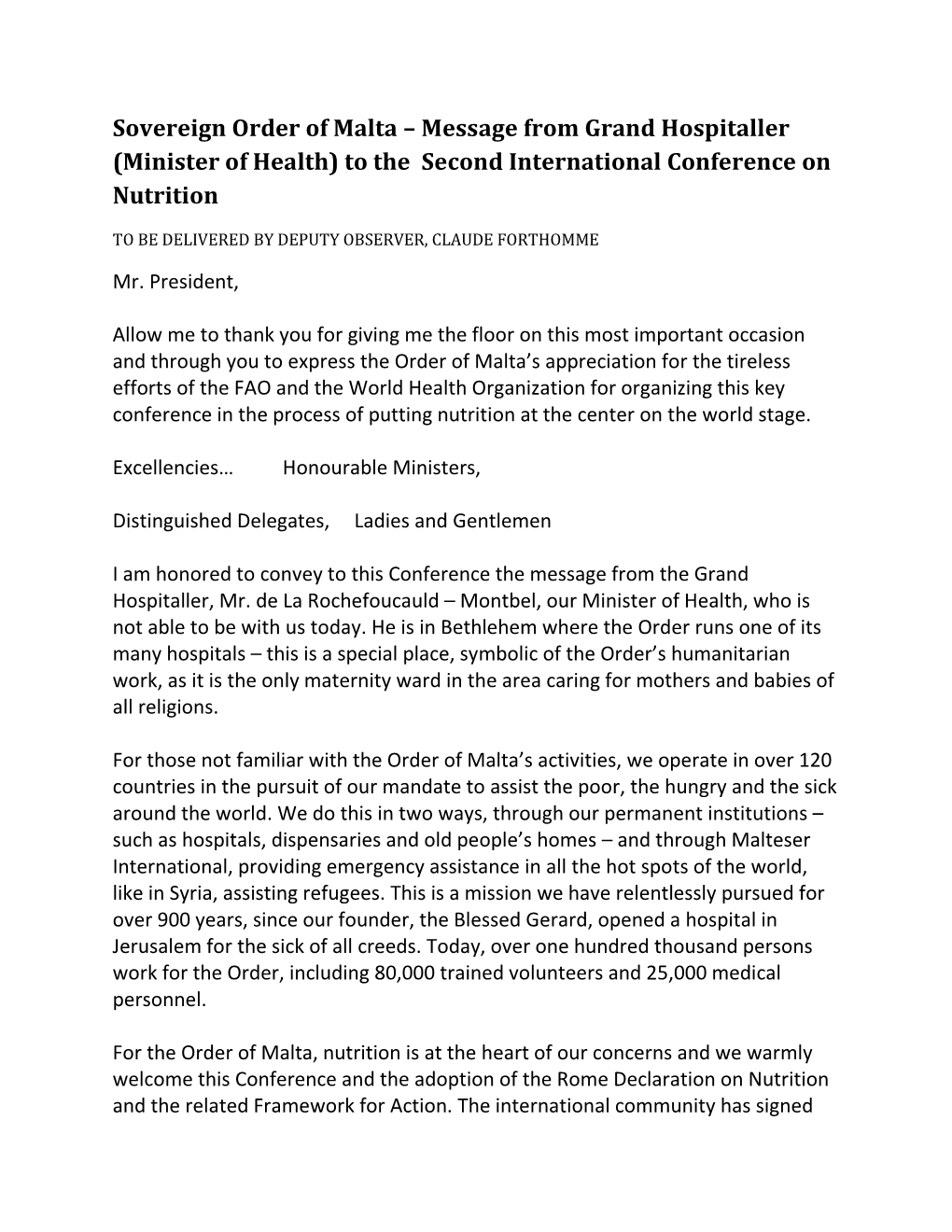 Message from Grand Hospitaller (Minister of Health) to the Second International Conference on Nutrition