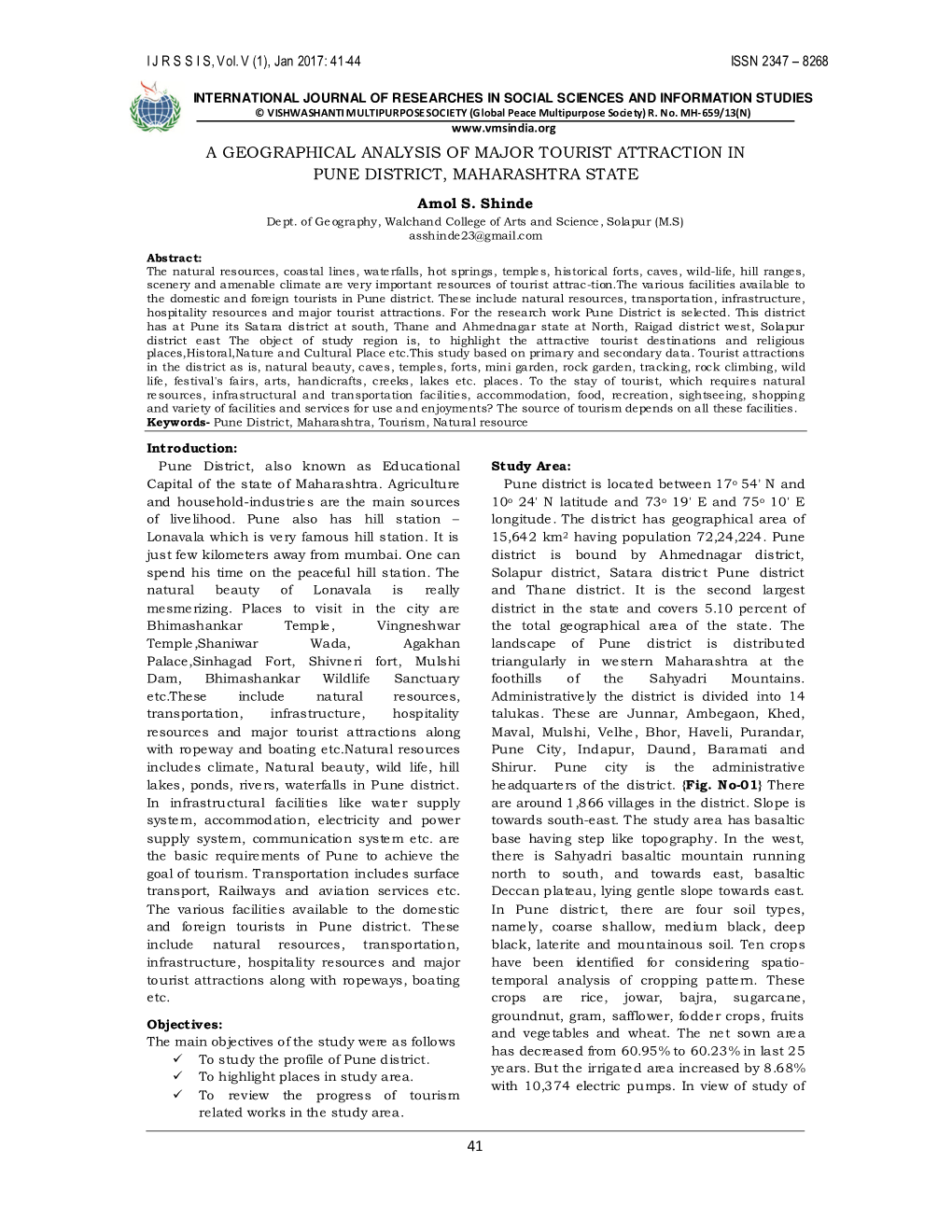 41 a Geographical Analysis of Major Tourist Attraction in Pune District, Maharashtra State