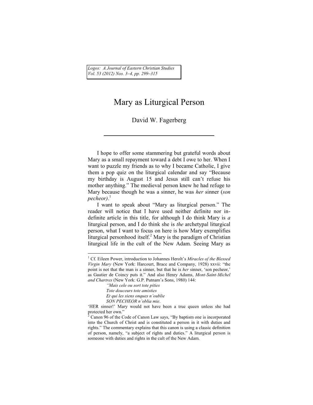 Mary As Liturgical Person