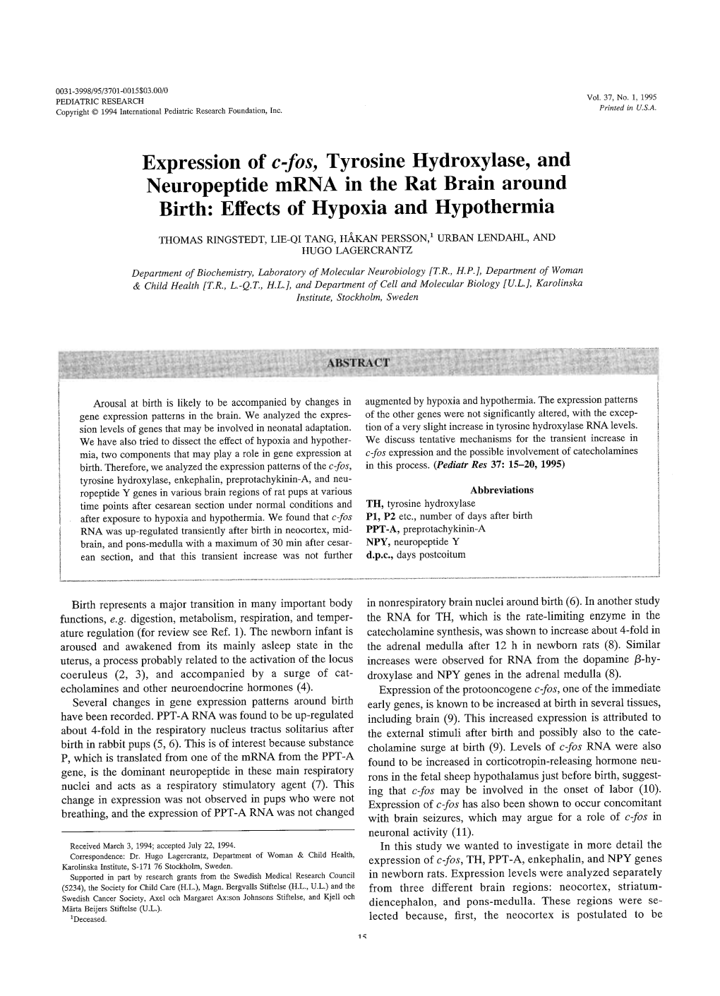 Expression of C-Fos, Tyrosine Hydroxylase, and Neuropeptide