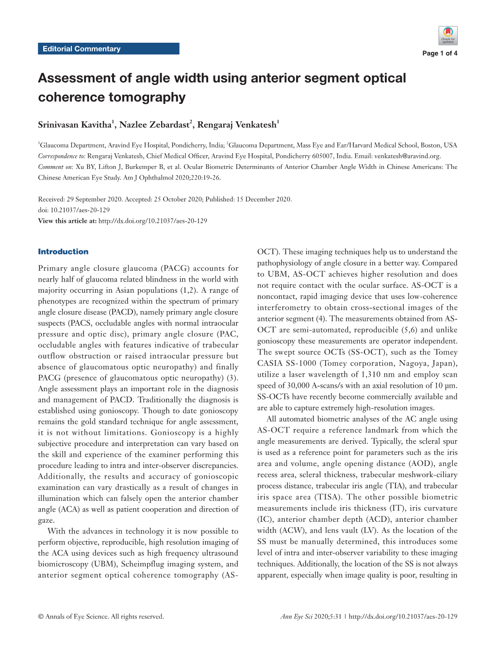 Assessment of Angle Width Using Anterior Segment Optical Coherence Tomography