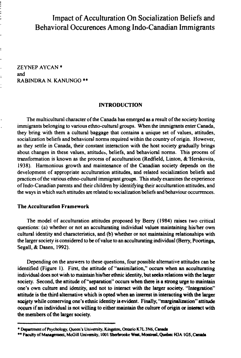 Impact of Acculturation on Socialization Beliefs and Behavioral Occurences Among Indo-Canadian Immigrants