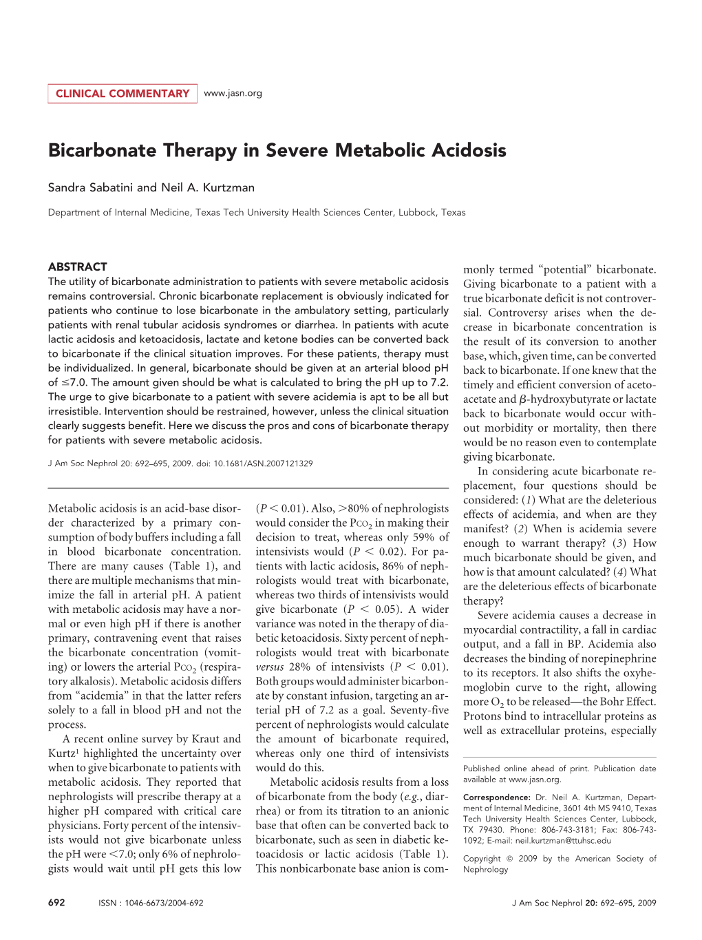 Bicarbonate Therapy in Severe Metabolic Acidosis