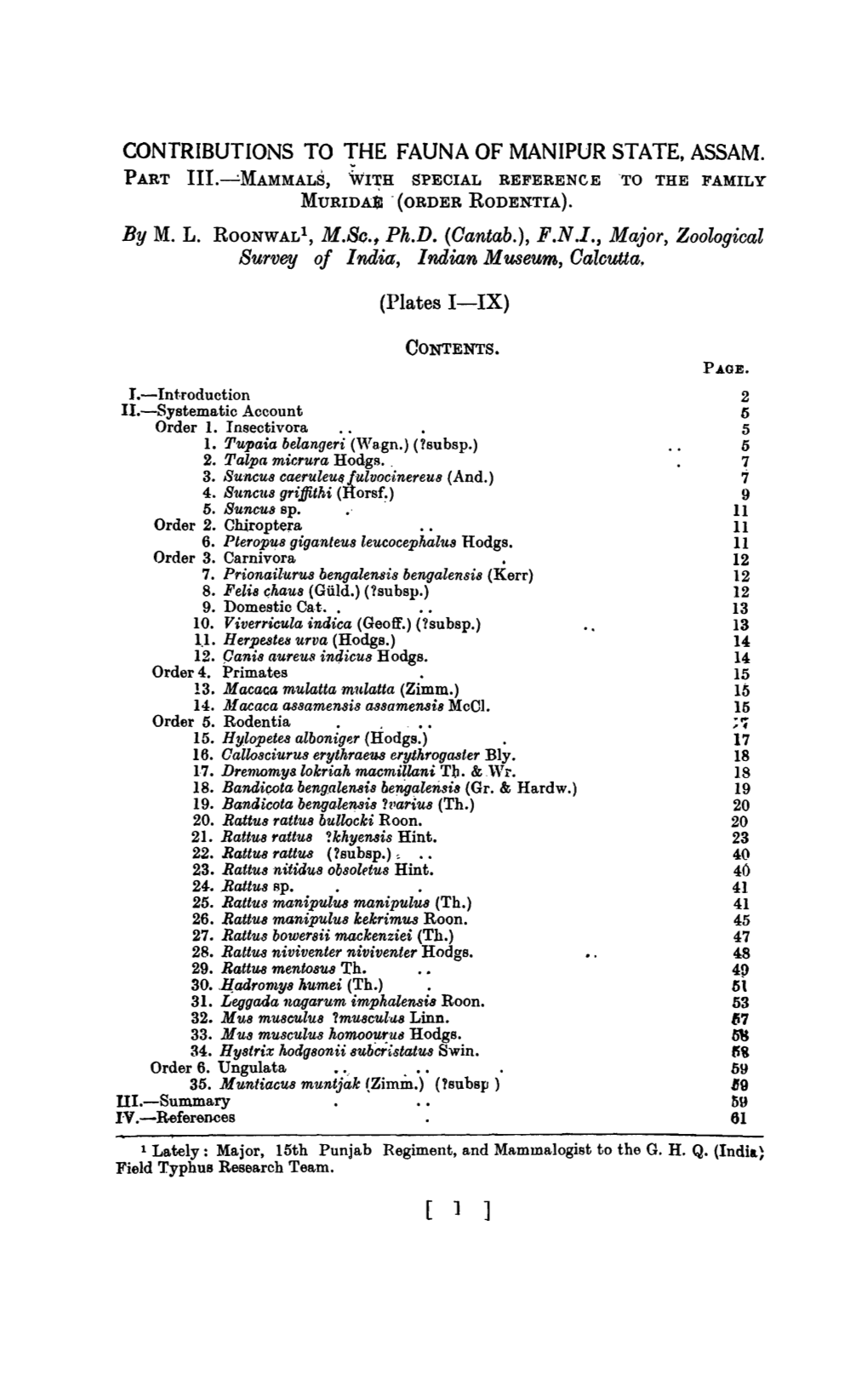 Contributions to the Fauna of Manipur State, Assam. Part Iii.-'Mammals, with Special Reference 'To the Family Murida~ -(Order Rodentia)