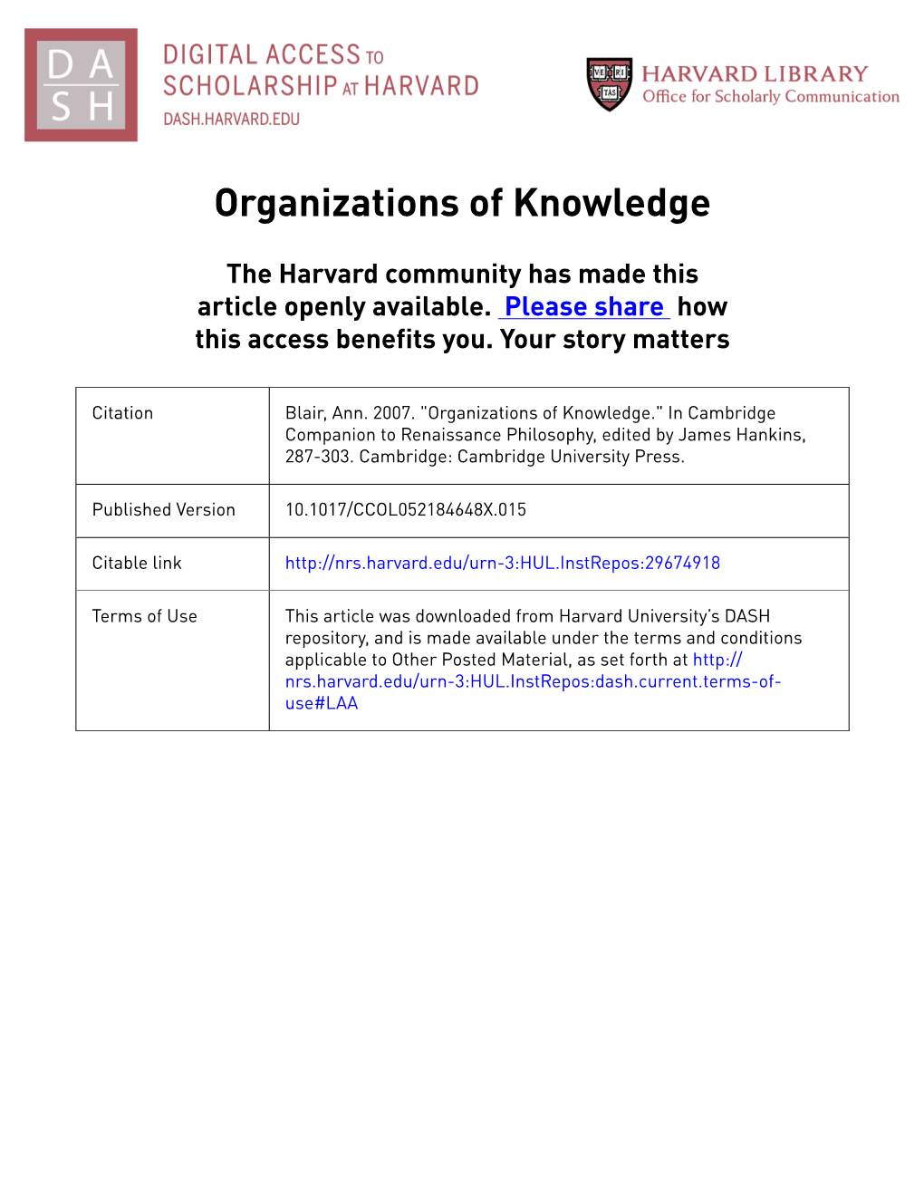 Blair 2007 Organizations of Knowledge for DASH.Pdf