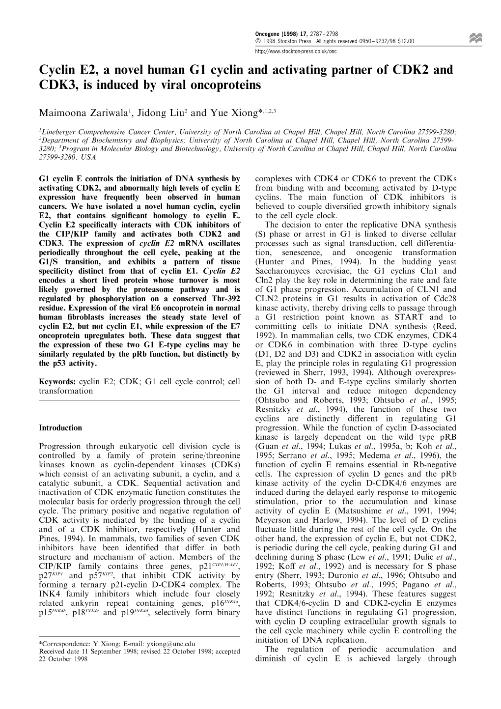 Cyclin E2, a Novel Human G1 Cyclin and Activating Partner of CDK2 and CDK3, Is Induced by Viral Oncoproteins