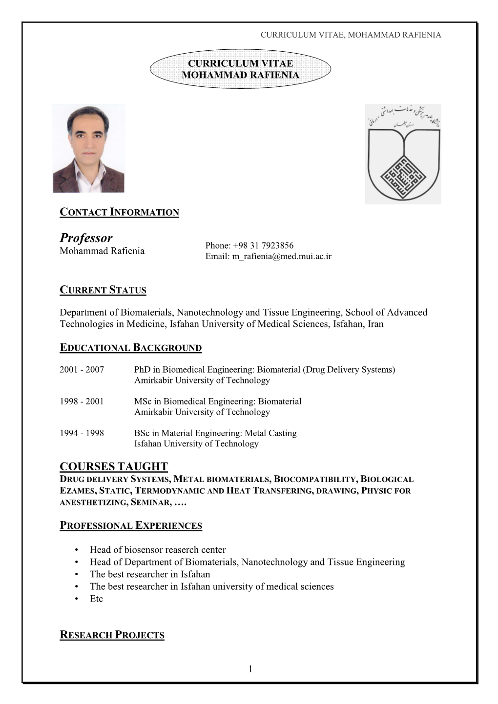 Curriculum Vitae (Dr Rafienia)