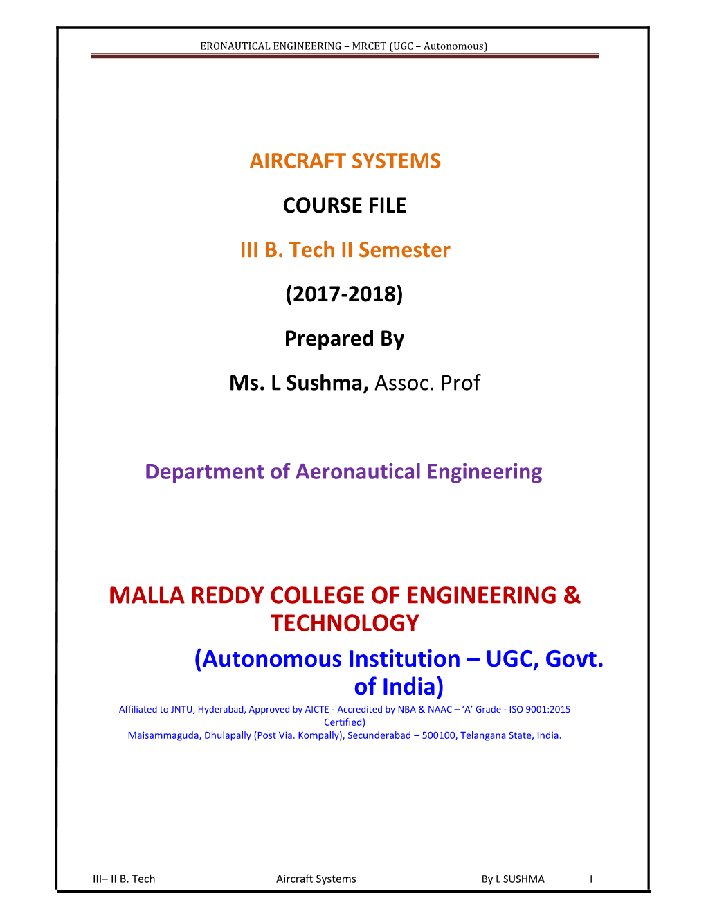 AIRCRAFT SYSTEMS COURSE FILE III B. Tech II Semester