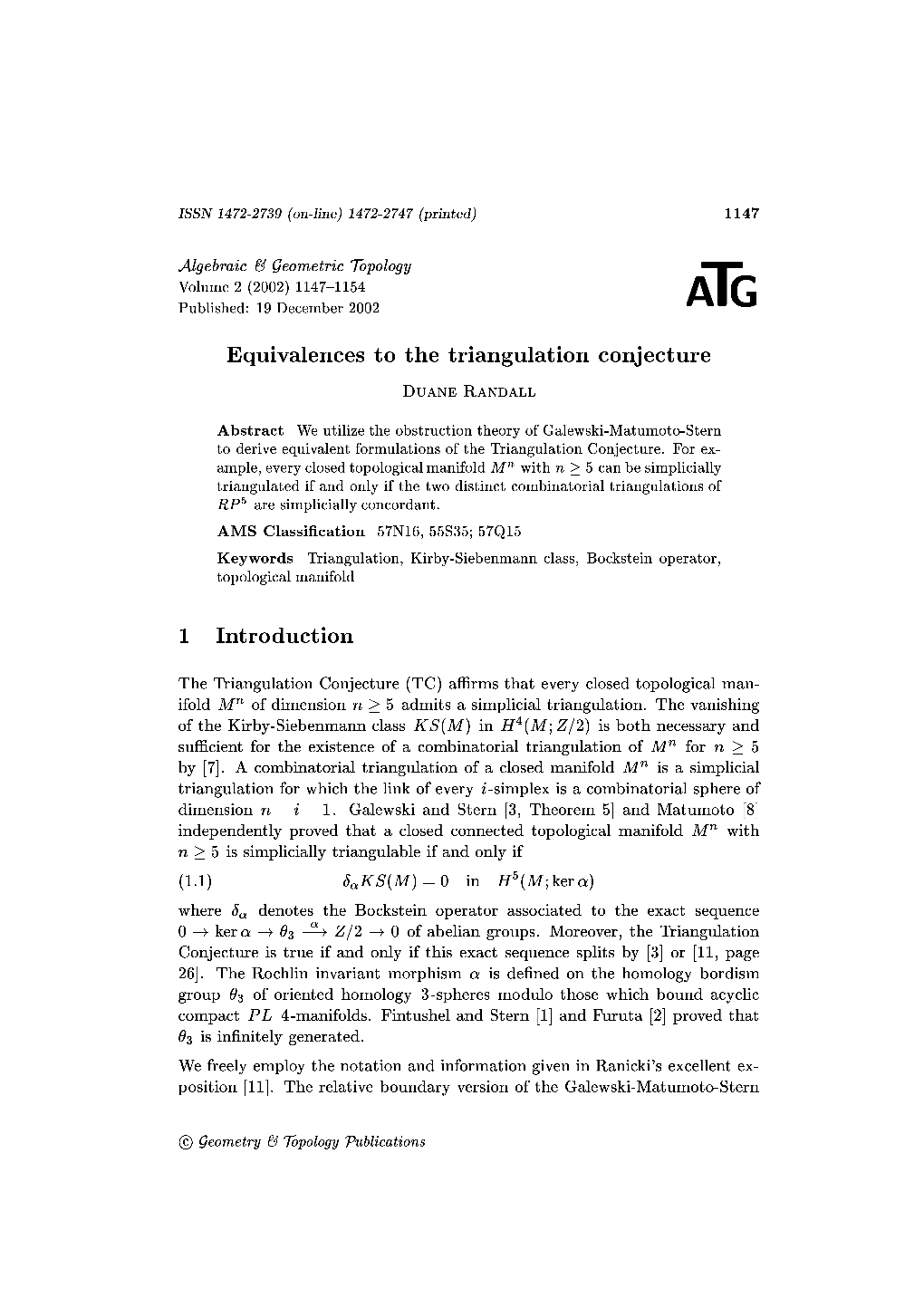 Equivalences to the Triangulation Conjecture 1 Introduction