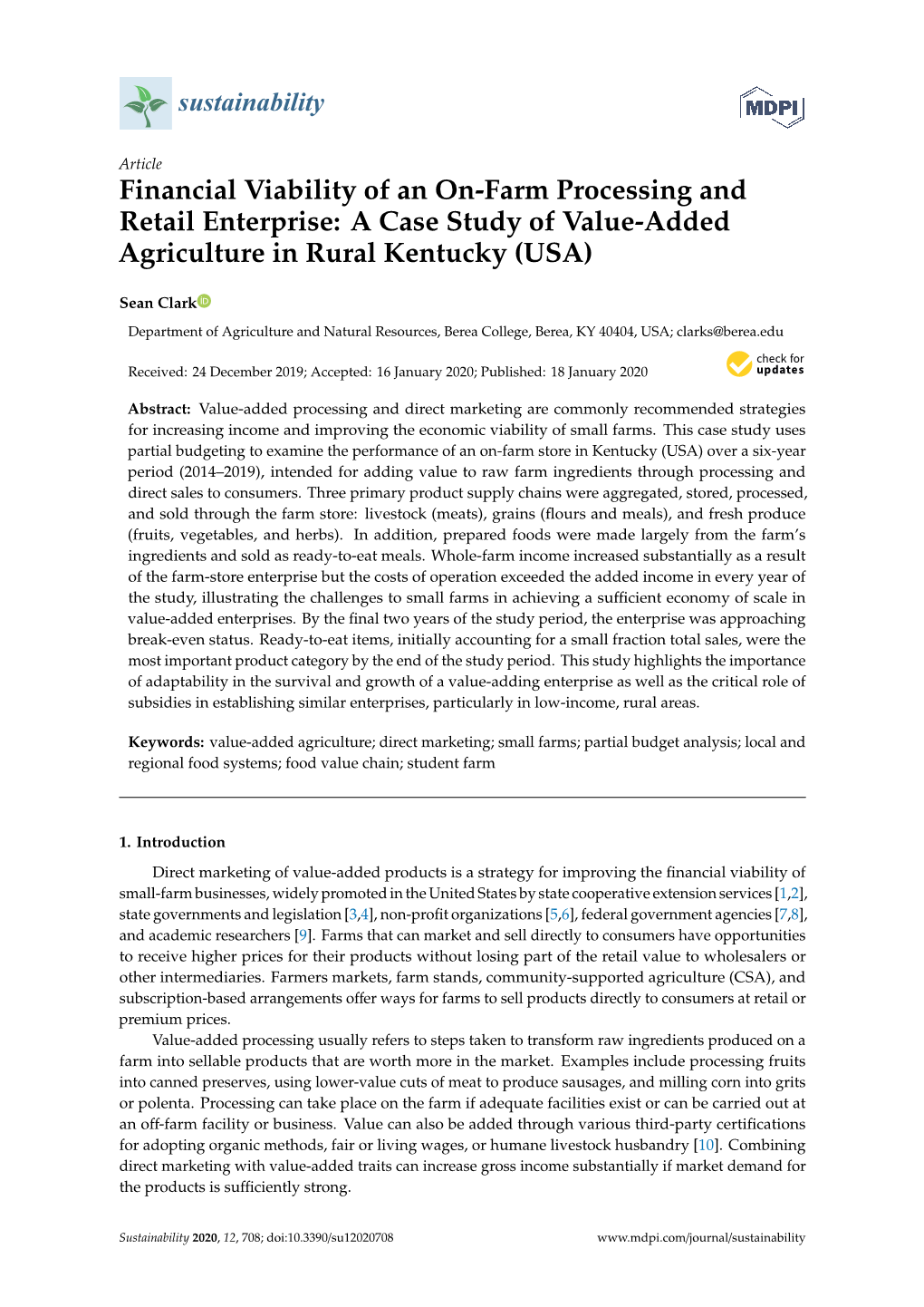 Financial Viability of an On-Farm Processing and Retail Enterprise: a Case Study of Value-Added Agriculture in Rural Kentucky (USA)