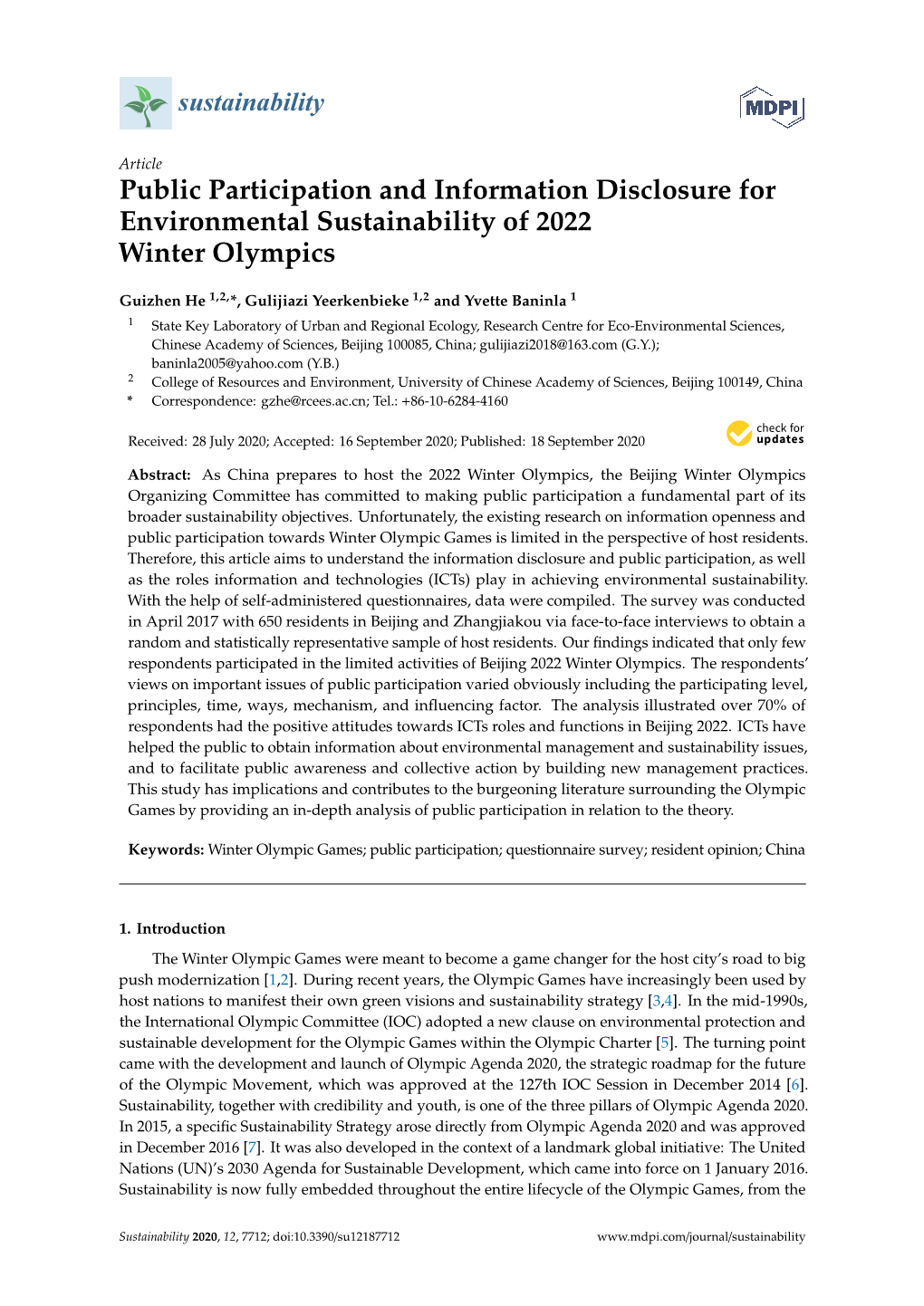 Public Participation and Information Disclosure for Environmental Sustainability of 2022 Winter Olympics