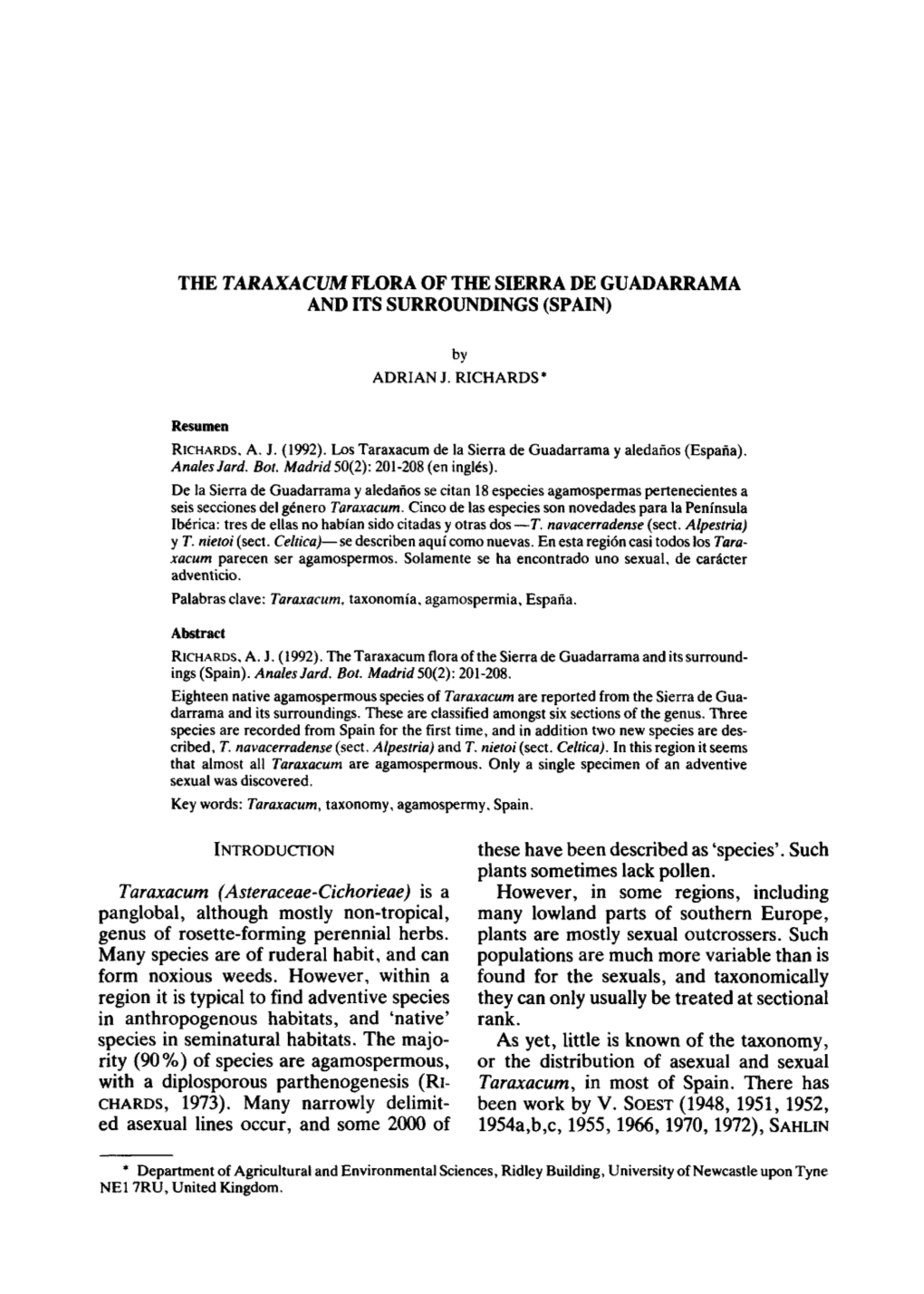 The Taraxacum Flora of the Sierra De Guadarrama and Its Surroundings (Spain)