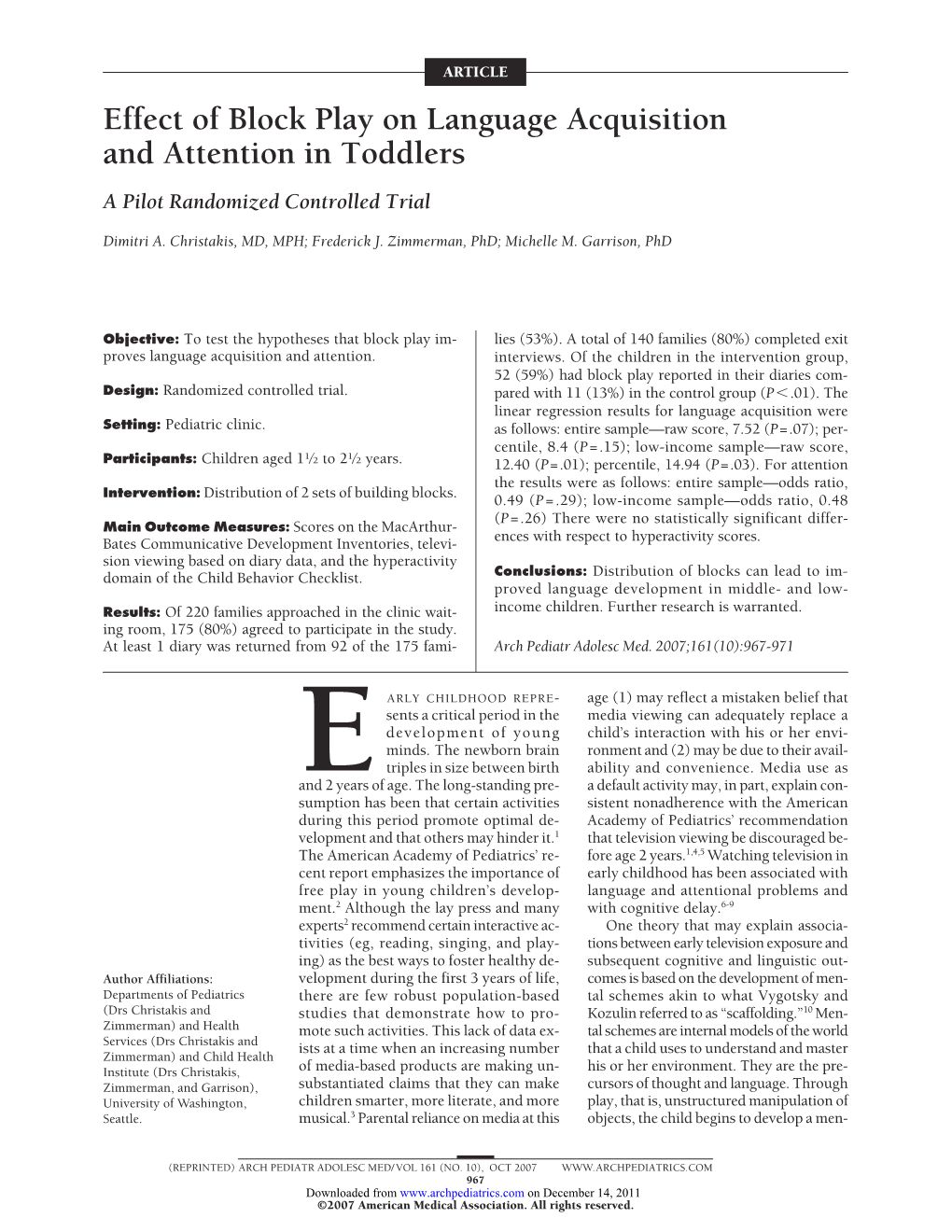 Effect of Block Play on Language Acquisition and Attention in Toddlers a Pilot Randomized Controlled Trial