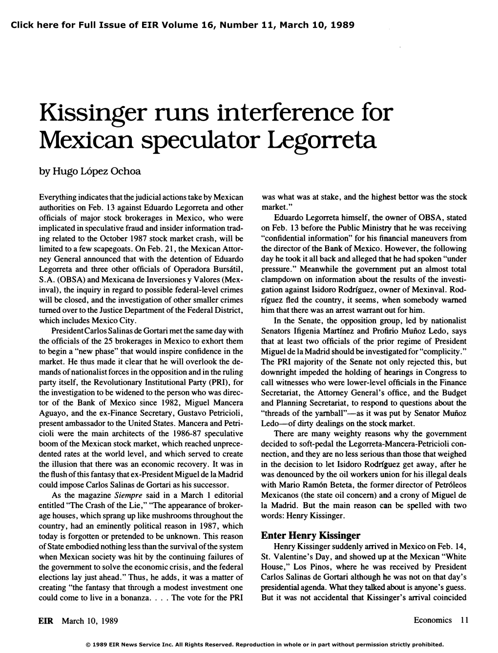 Kissinger Runs Interference for Mexican Speculator Legorreta