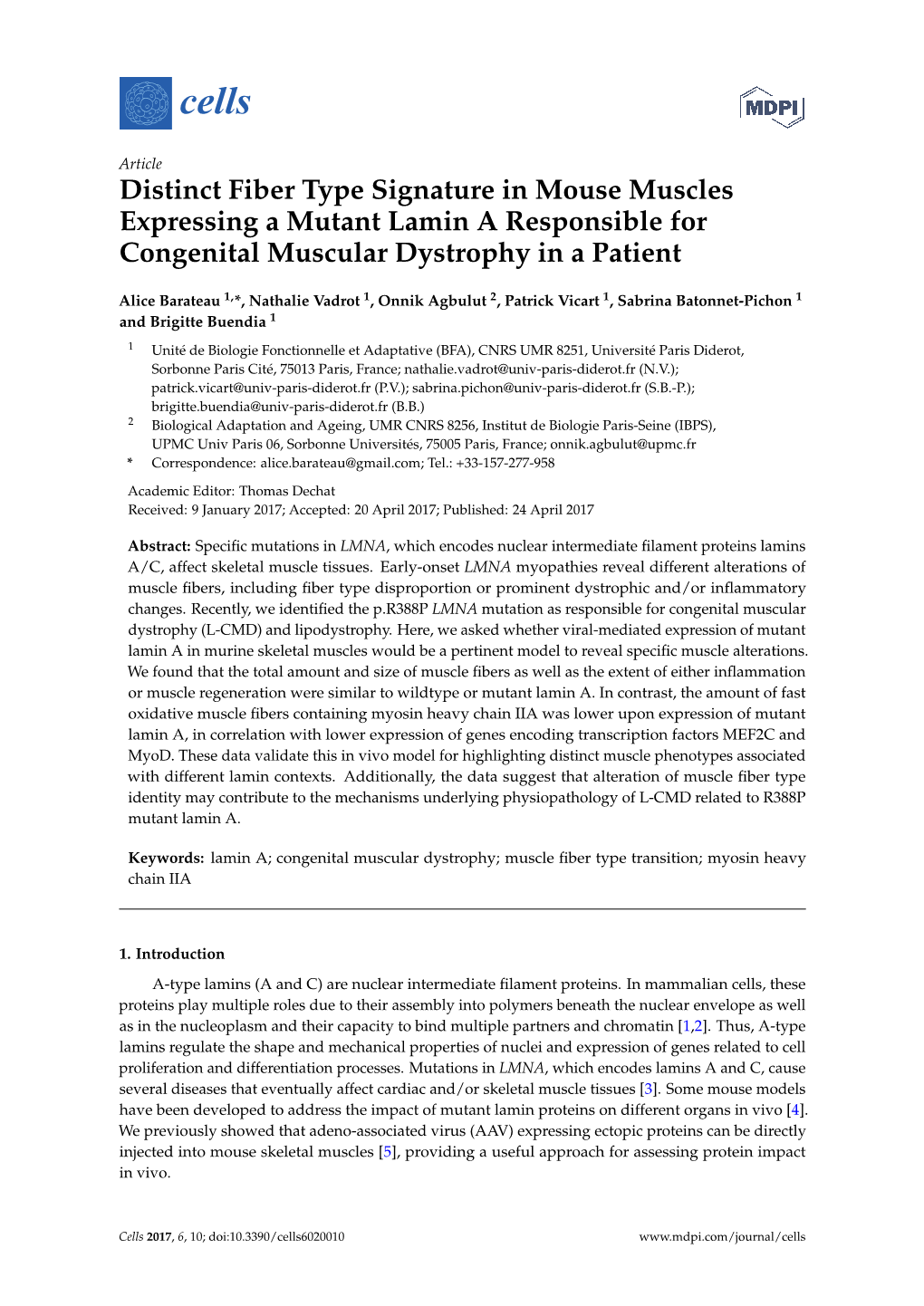 Distinct Fiber Type Signature in Mouse Muscles Expressing a Mutant Lamin a Responsible for Congenital Muscular Dystrophy in a Patient