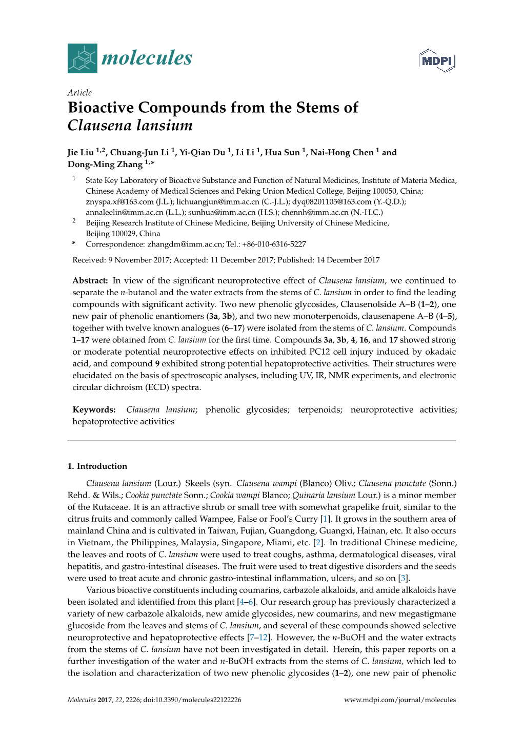 Bioactive Compounds from the Stems of Clausena Lansium