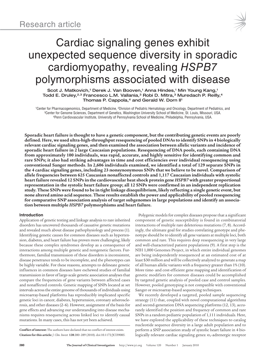 Cardiac Signaling Genes Exhibit Unexpected Sequence Diversity in Sporadic Cardiomyopathy, Revealing HSPB7 Polymorphisms Associated with Disease Scot J