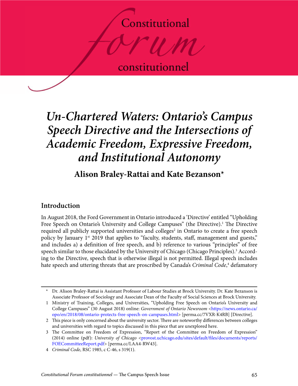 Un-Chartered Waters: Ontario's Campus Speech Directive and The