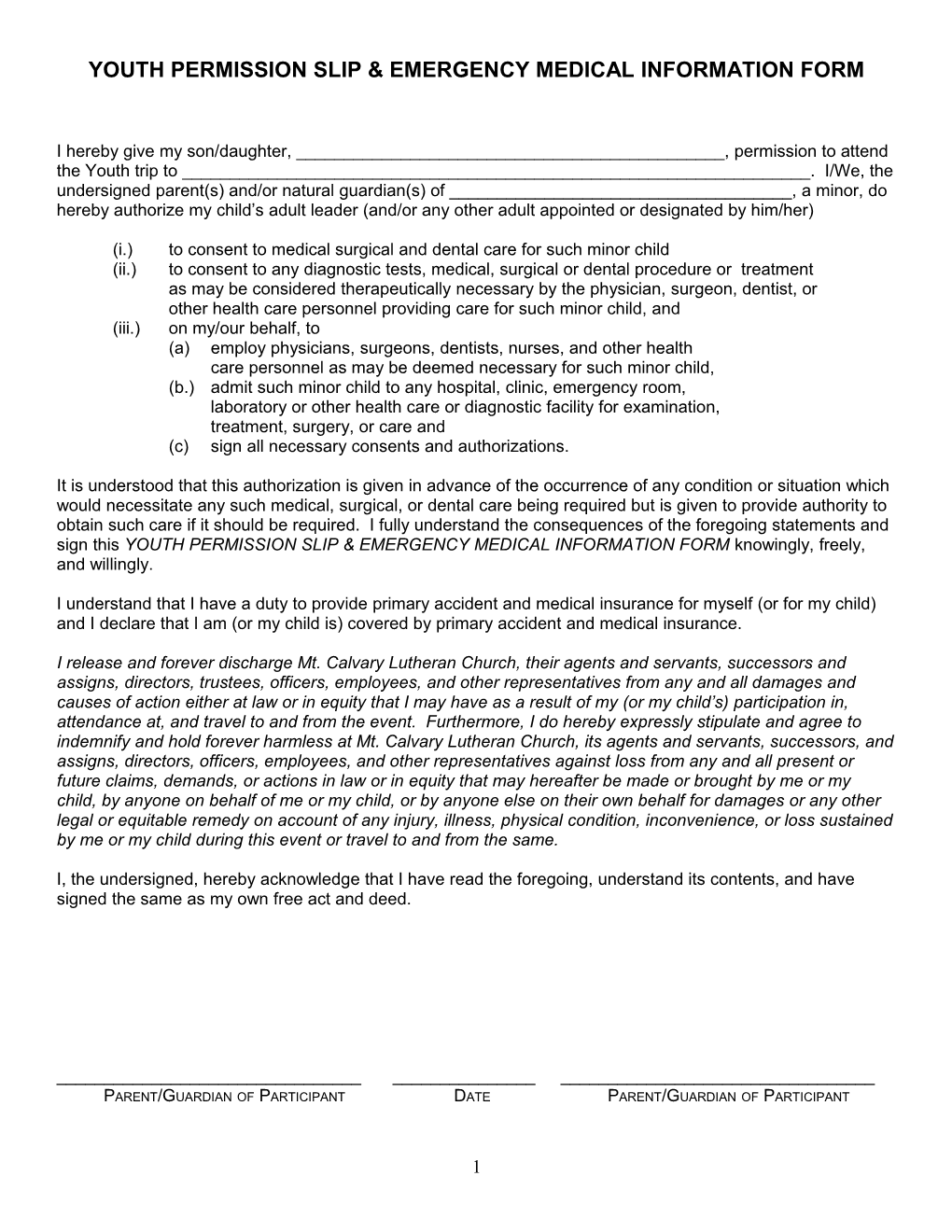 Youth Permission Slip & Emergency Medical Information Form