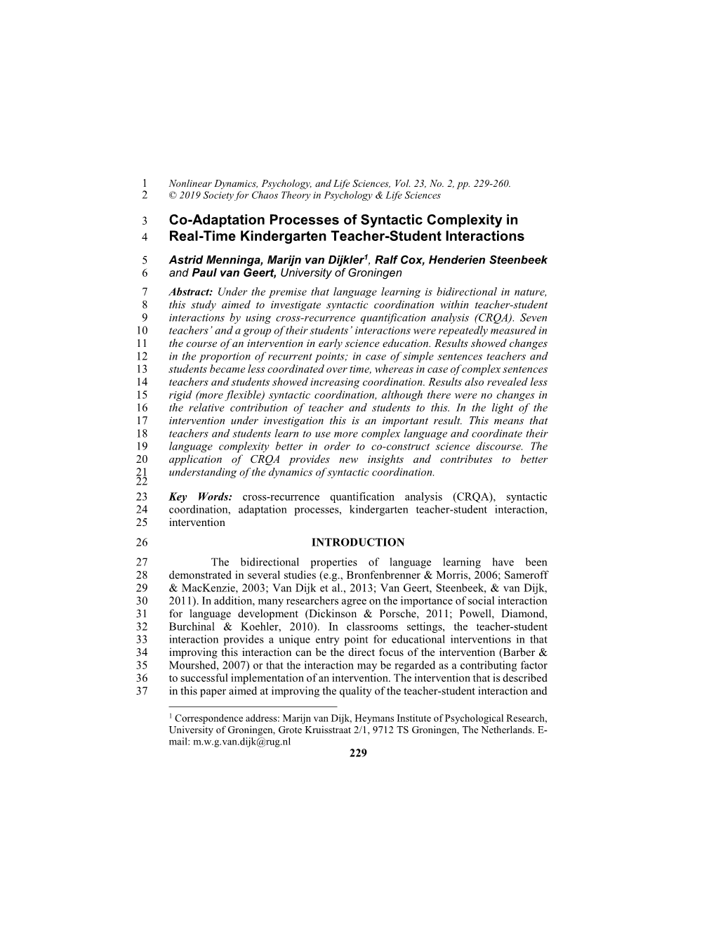 Co-Adaptation Processes of Syntactic Complexity in Real-Time Kindergarten Teacher-Student Interactions