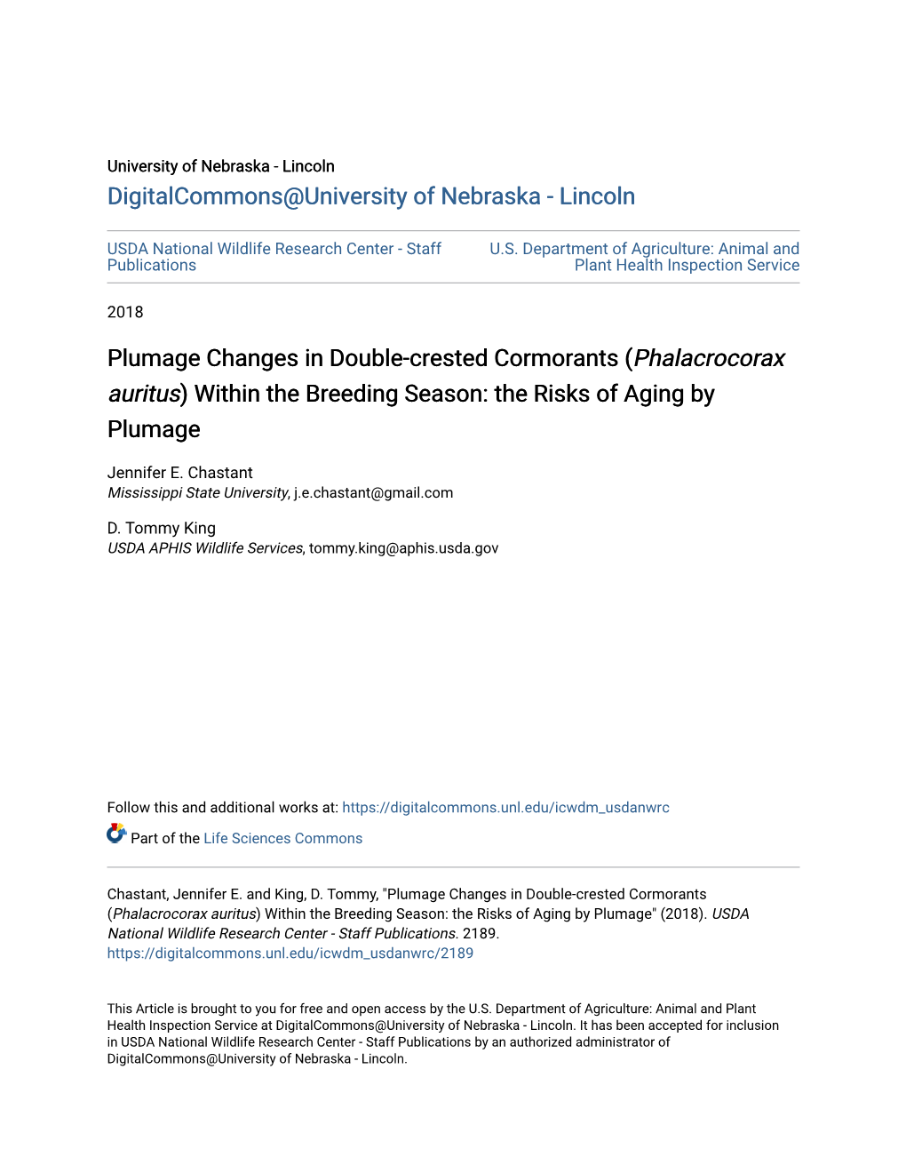 Plumage Changes in Double-Crested Cormorants (&lt;I&gt;Phalacrocorax