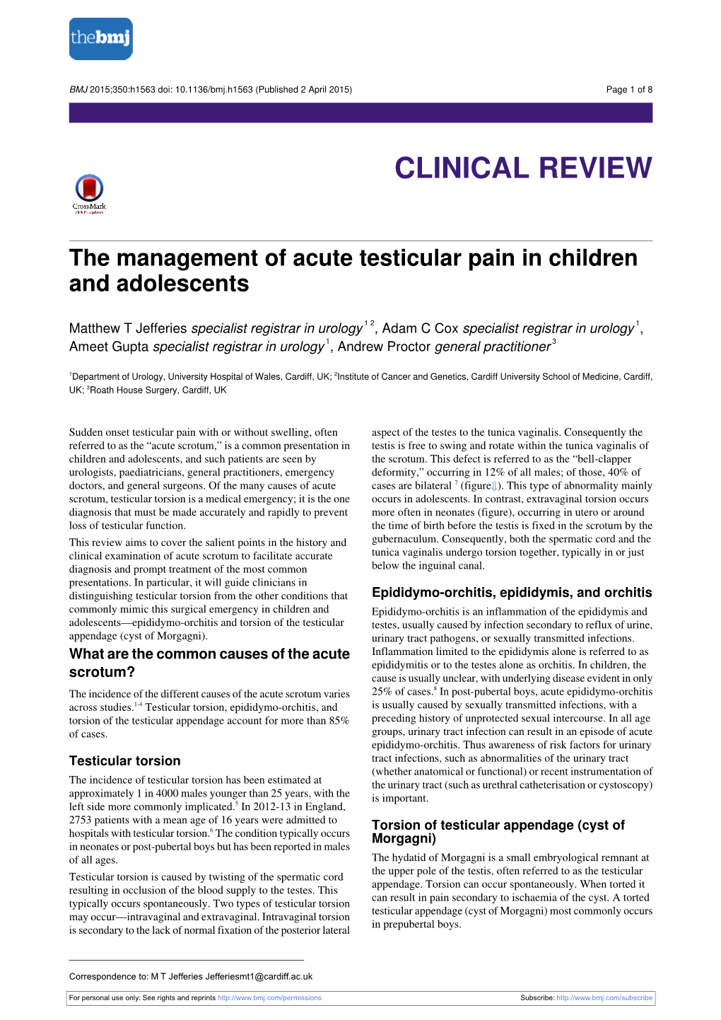 The Management of Acute Testicular Pain in Children and Adolescents