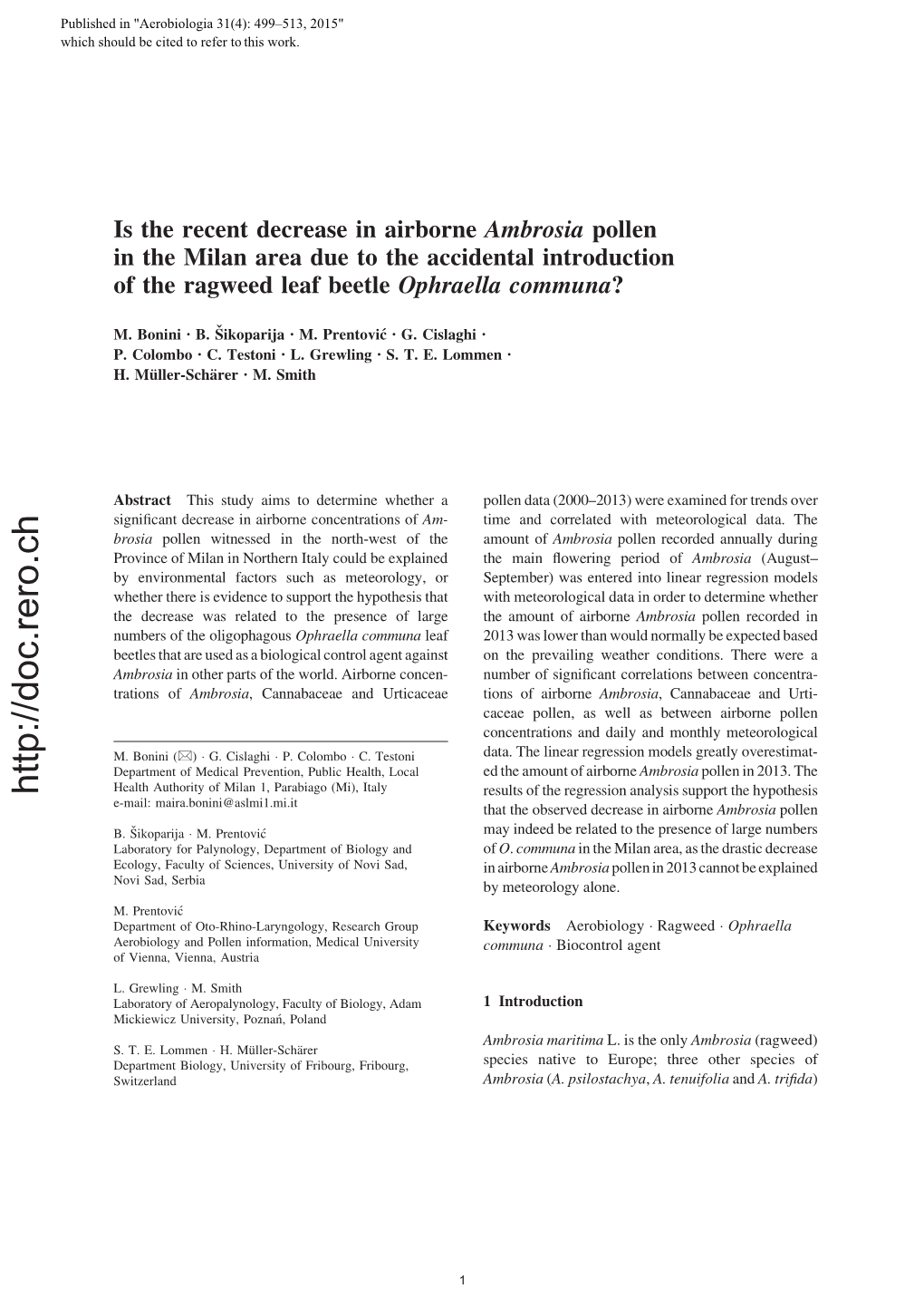 Is the Recent Decrease in Airborne Ambrosia Pollen in the Milan Area Due to the Accidental Introduction of the Ragweed Leaf Beetle Ophraella Communa?