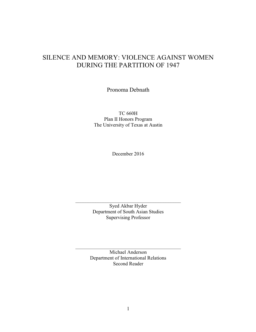 Silence and Memory: Violence Against Women During the Partition of 1947