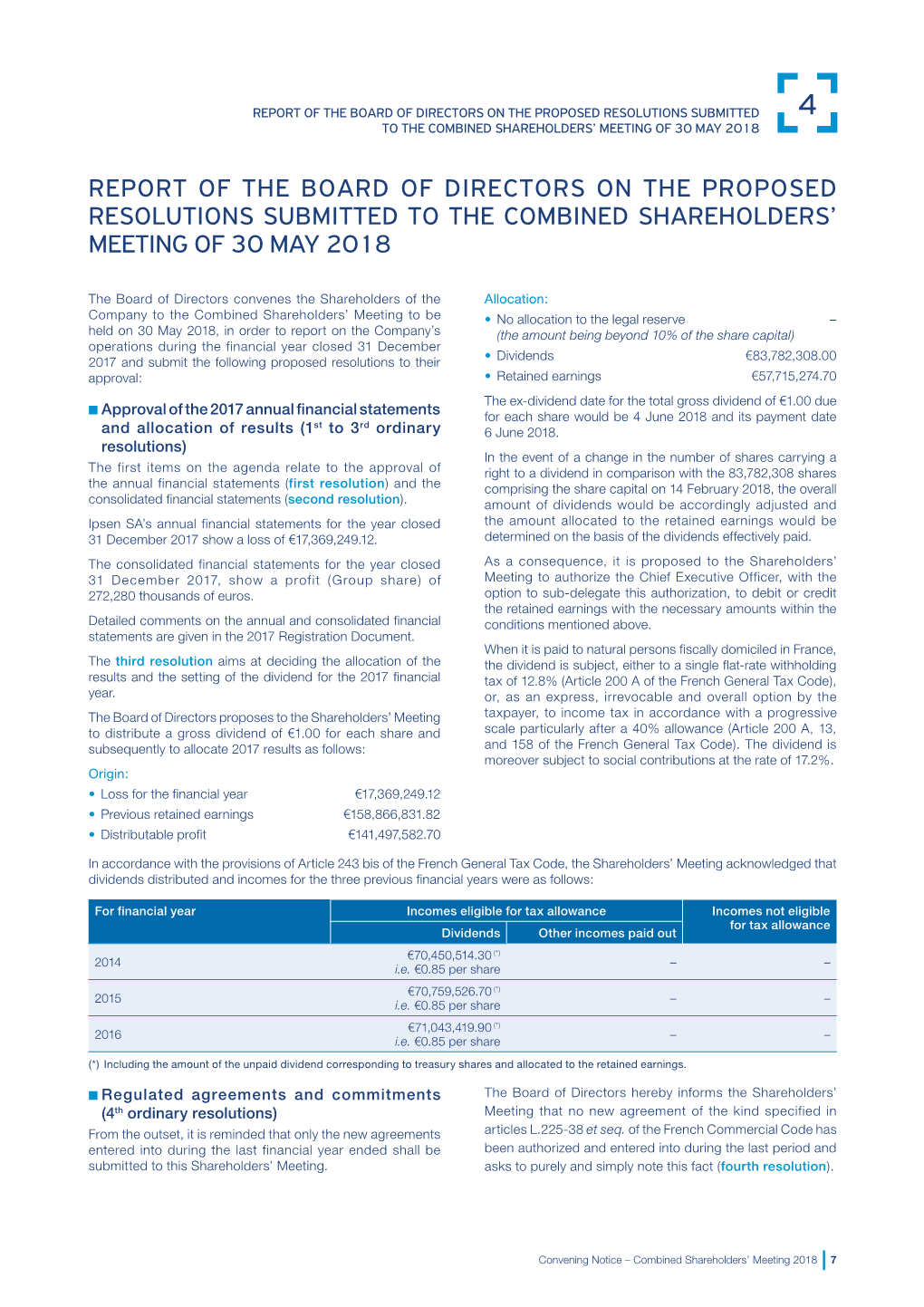 Report of the Board of Directors on the Proposed Resolutions Submitted 4 to the Combined Shareholders’ Meeting of 30 May 2018