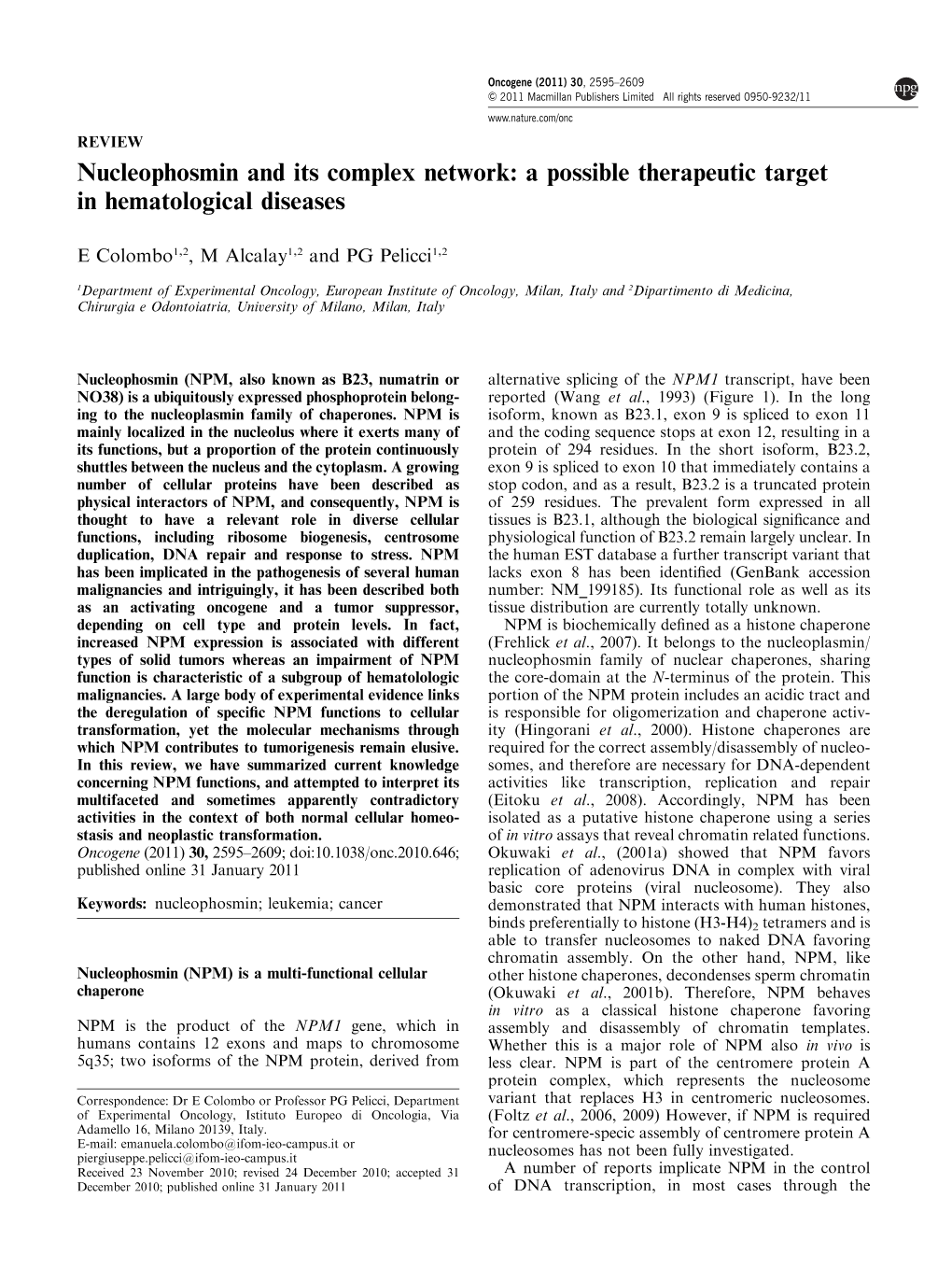 Nucleophosmin and Its Complex Network: a Possible Therapeutic Target in Hematological Diseases