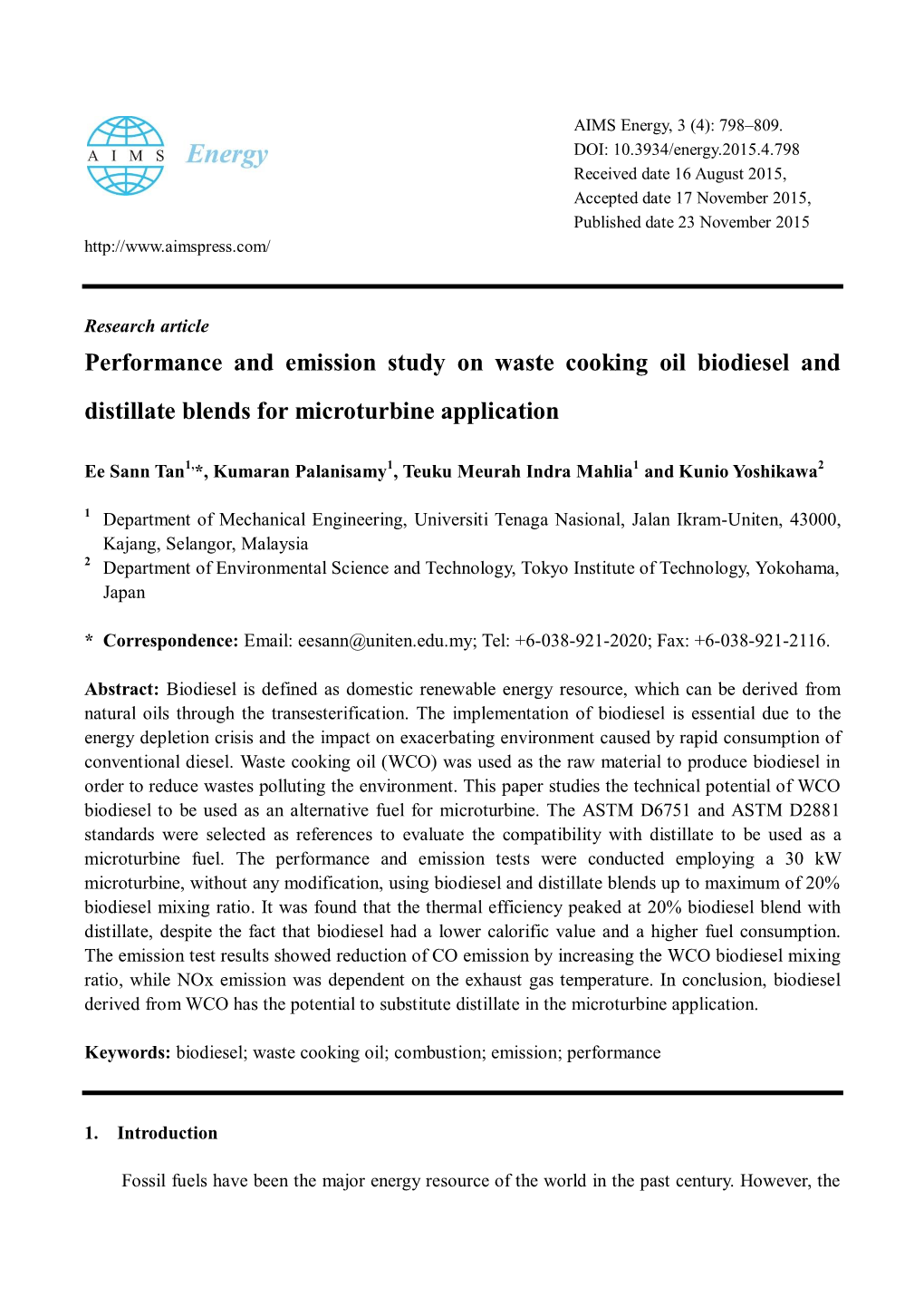 Performance and Emission Study on Waste Cooking Oil Biodiesel and Distillate Blends for Microturbine Application